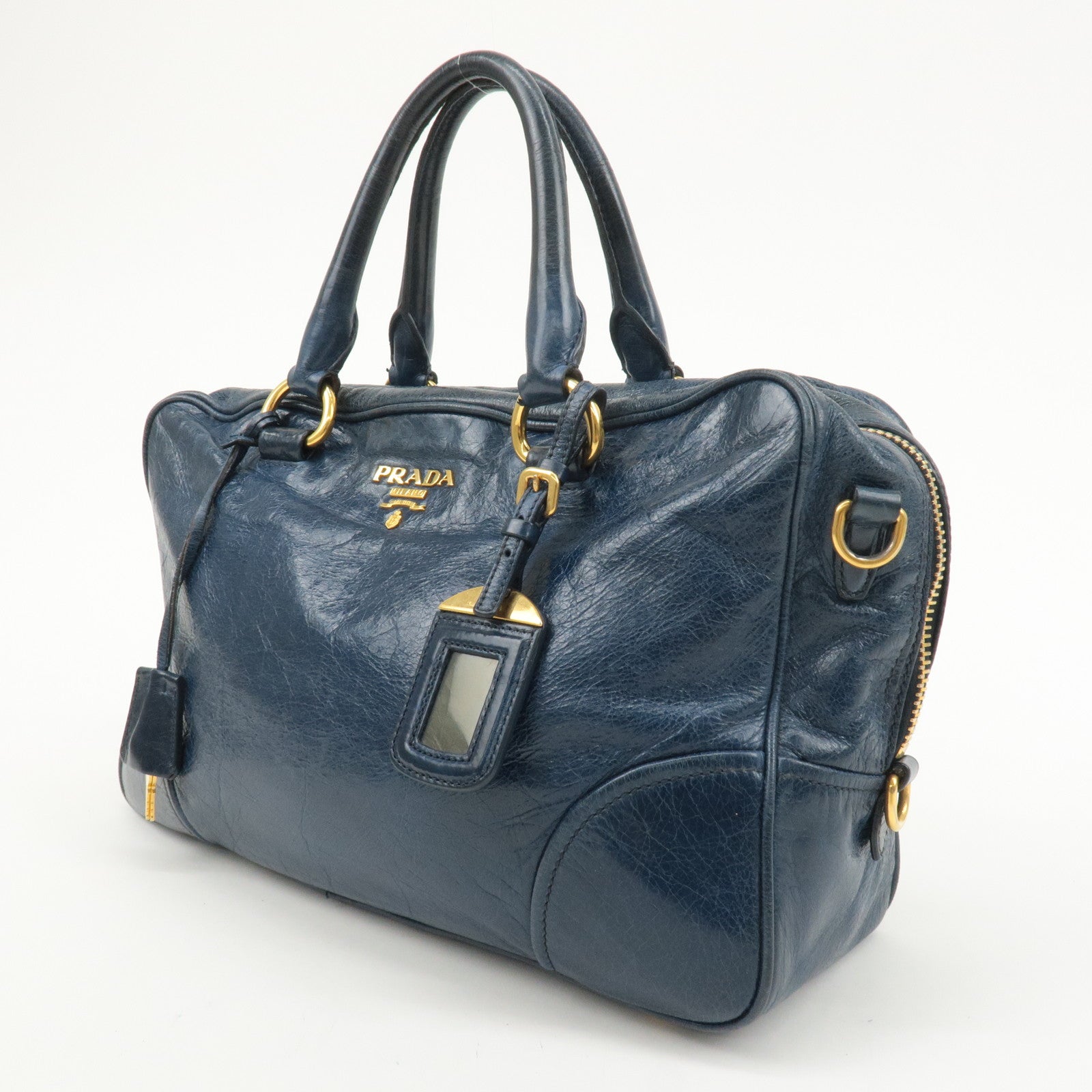 PRADA Leather 2way Hand Bag Shoulder Bag Blue BL0821