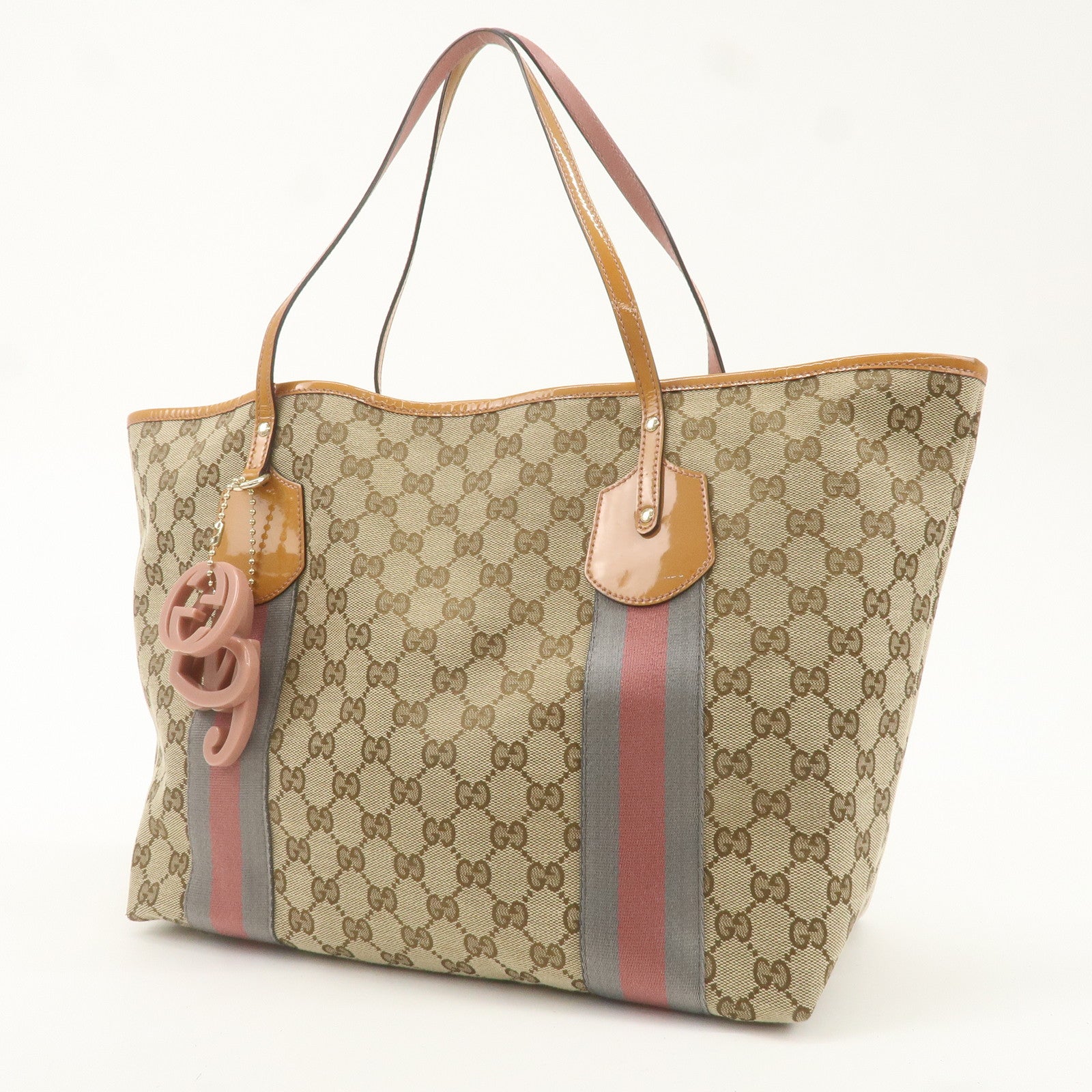 GUCCI Sherry Enamel Leather GG Canvas Tote Bag Beige 211970