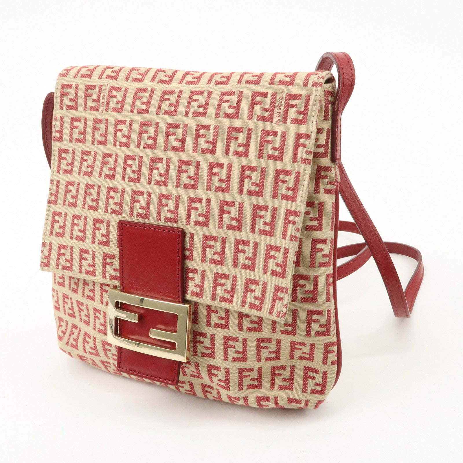 FENDI Zucchino Canvas Leather Shoulder Bag Beige Red 8BT075 Used