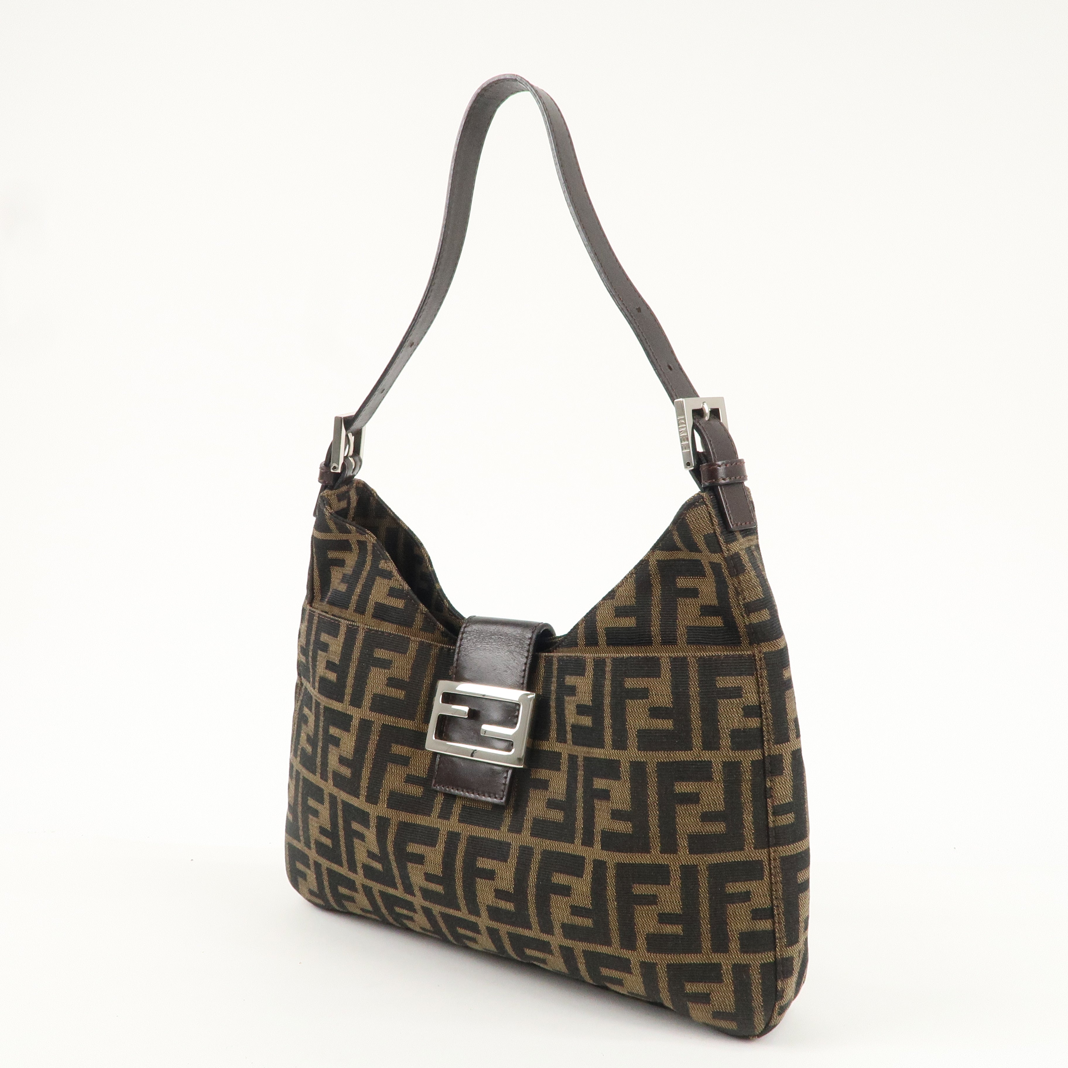 FENDI Zucca Canvas Leather Shoulder Bag Brown Black 26569