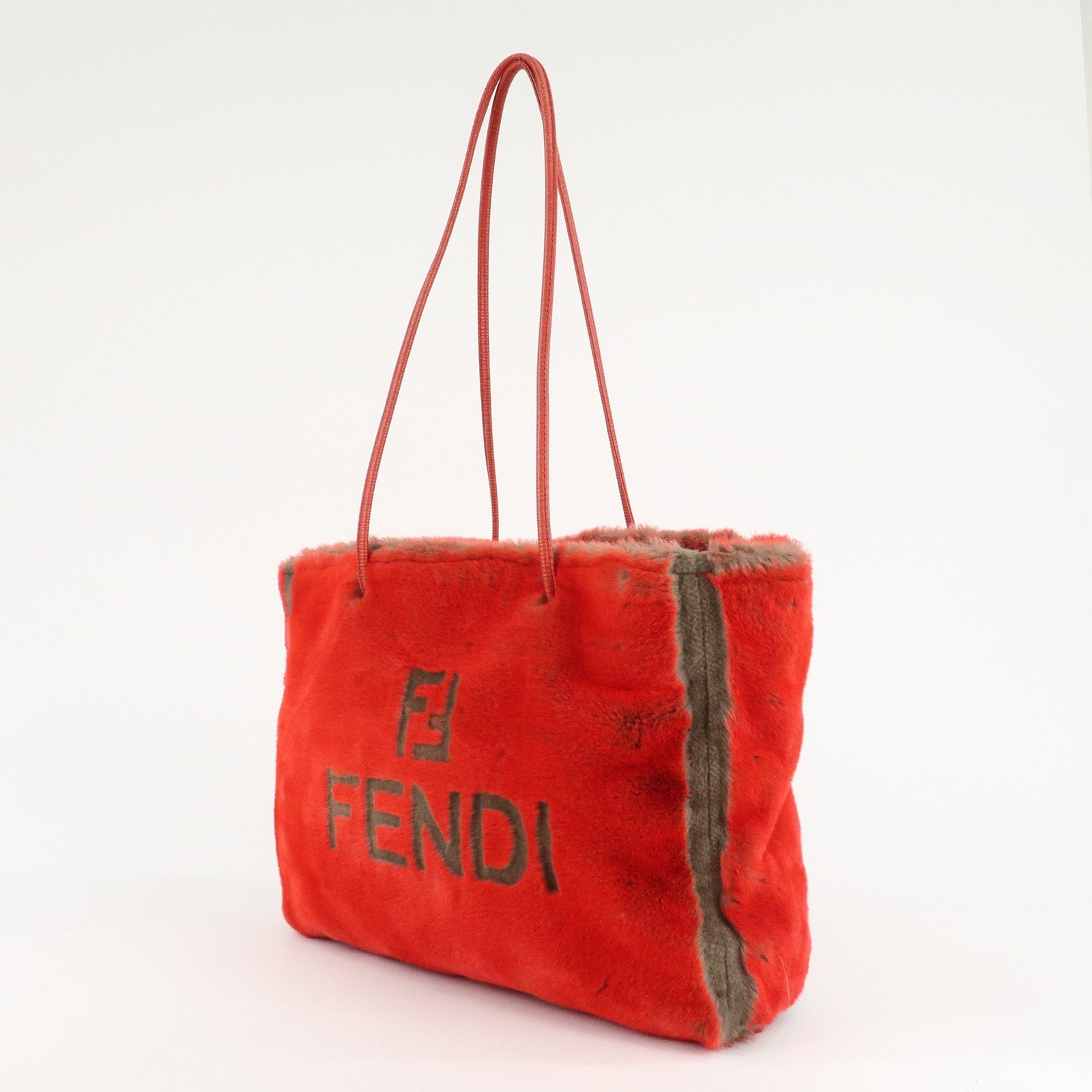 FENDI Leather Fake Fur Shoulder Bag Tote Bag Red