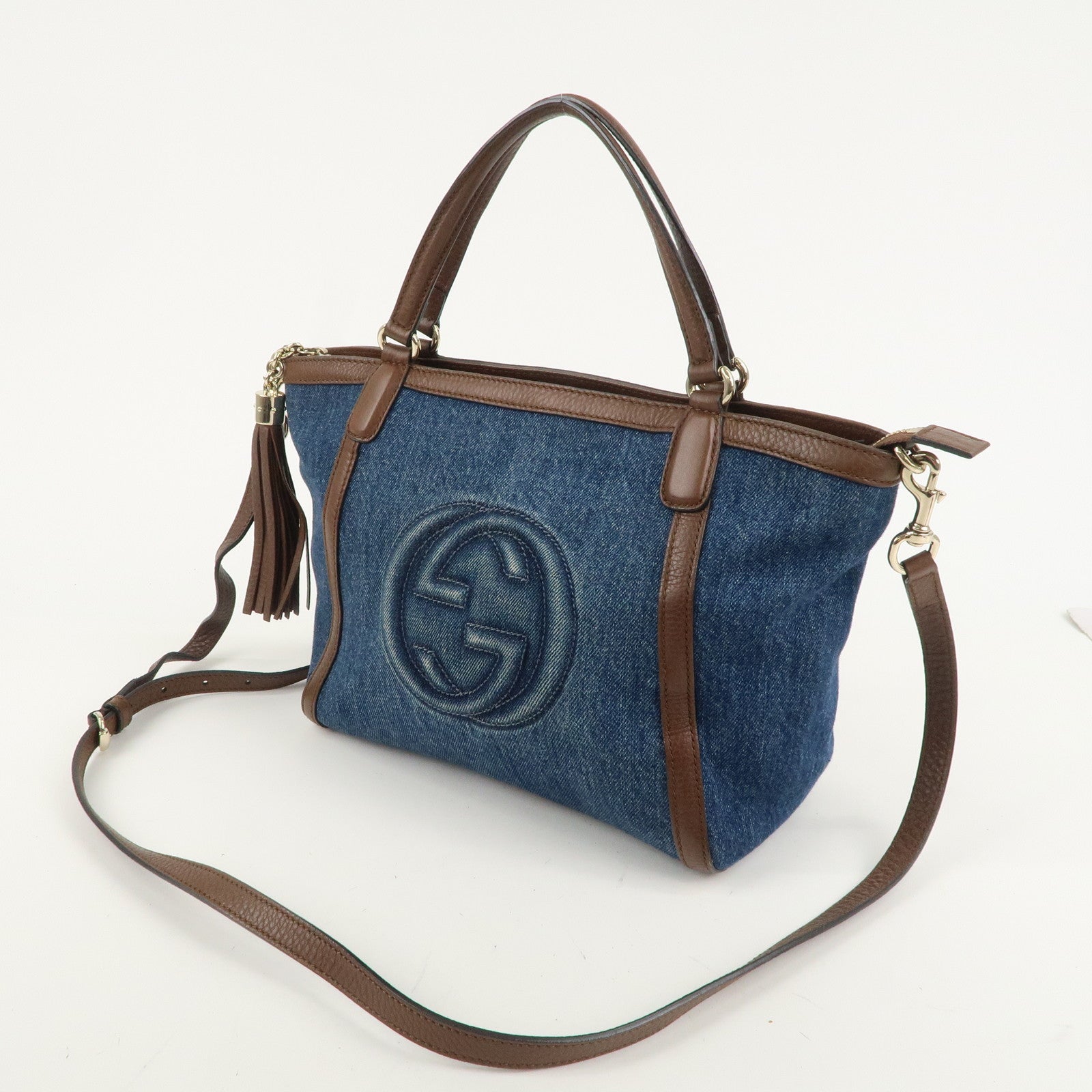 GUCCI SOHO Interlocking G Denim Leather 2Way Bag Blue Brown 369176