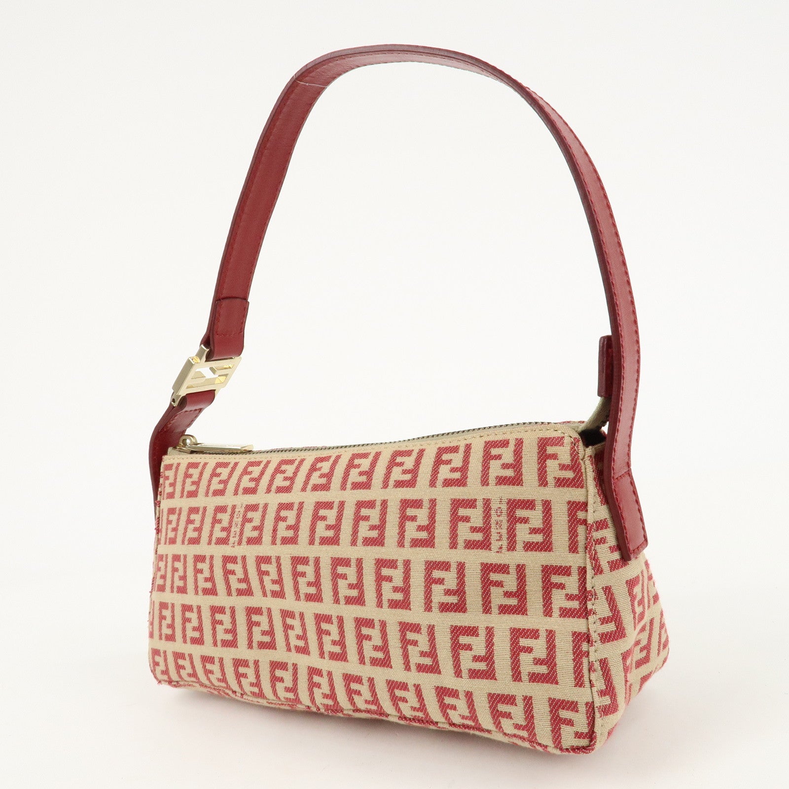 FENDI Zucchino Canvas Leather Semi-Shoulder Bag Beige Red 8BR443