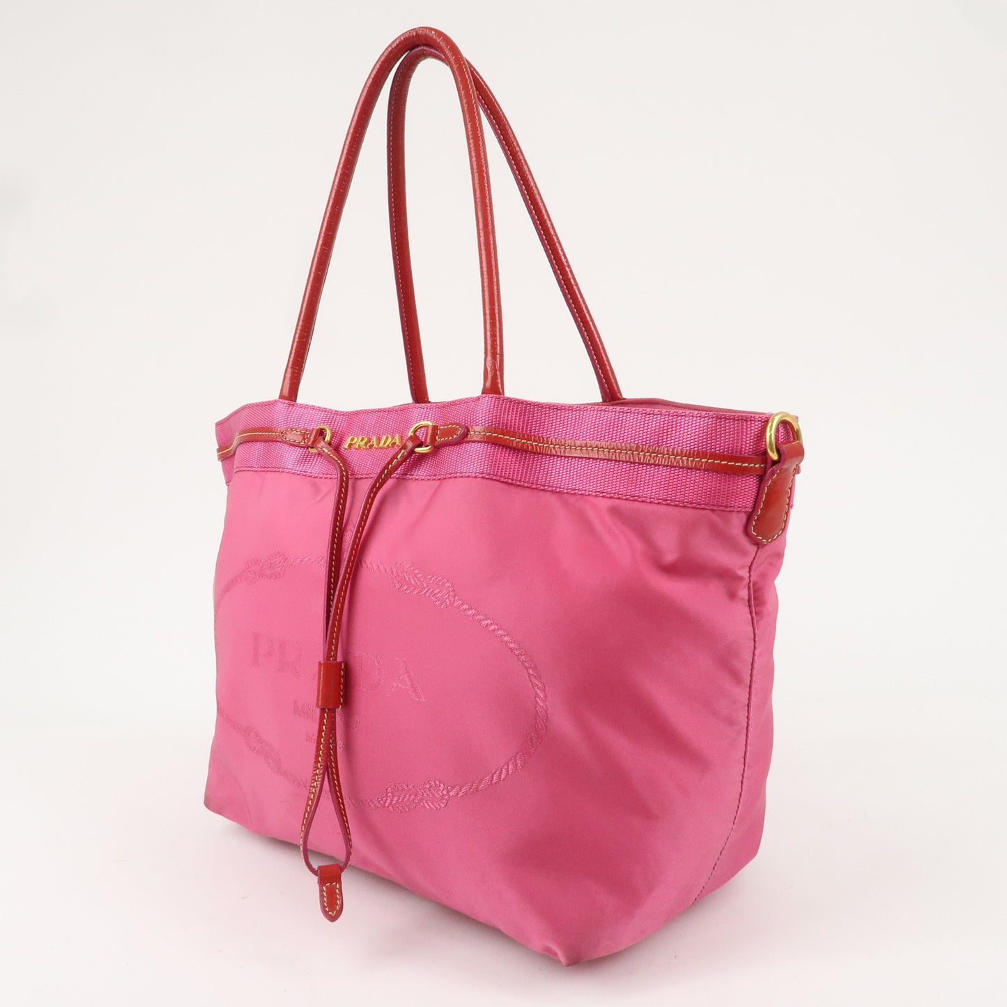 PRADA Nylon Patent Leather Logo Tote Bag Pink Red