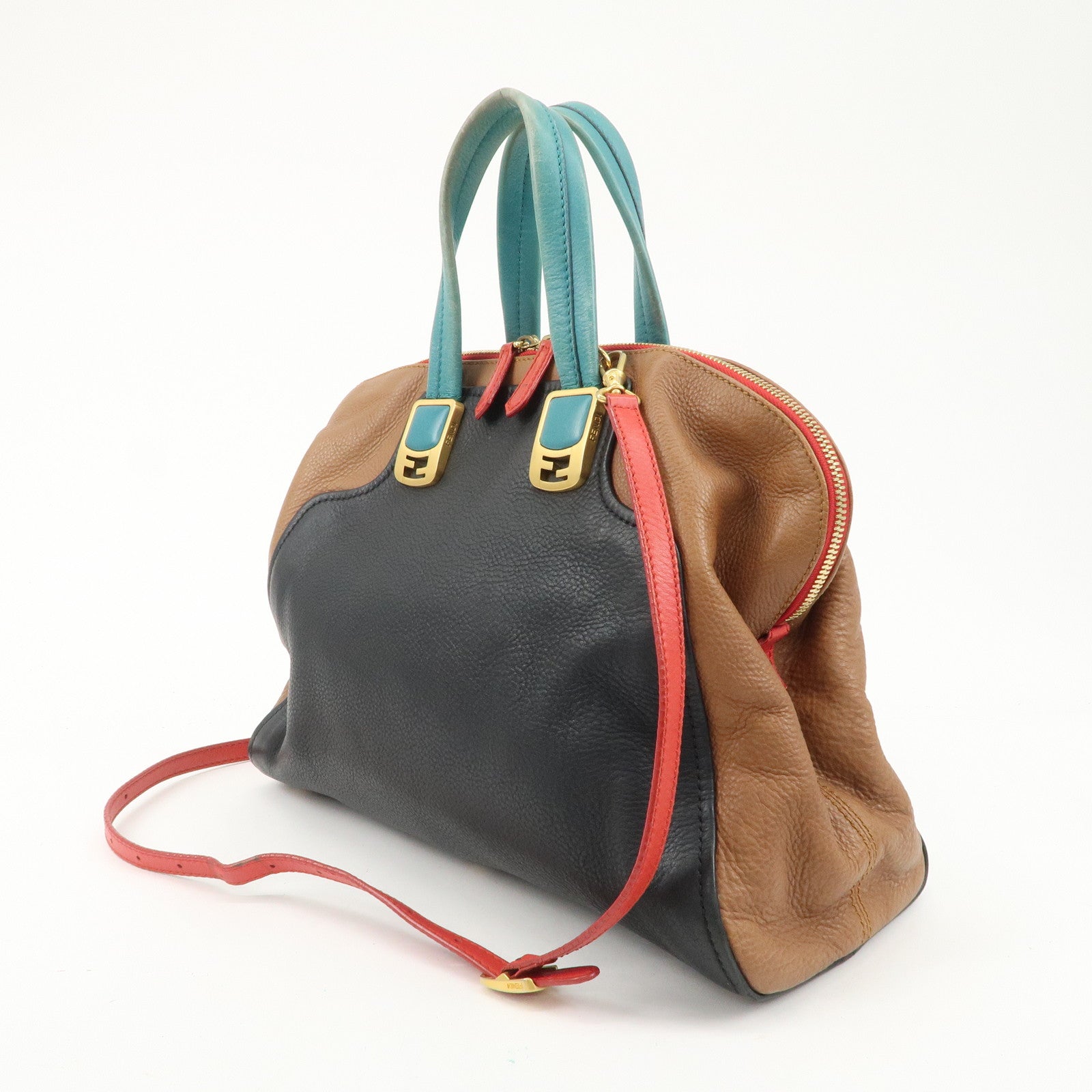 FENDI Cameleon Leather 2WAY Bag Black Brown Blue Red 8BL110 Used