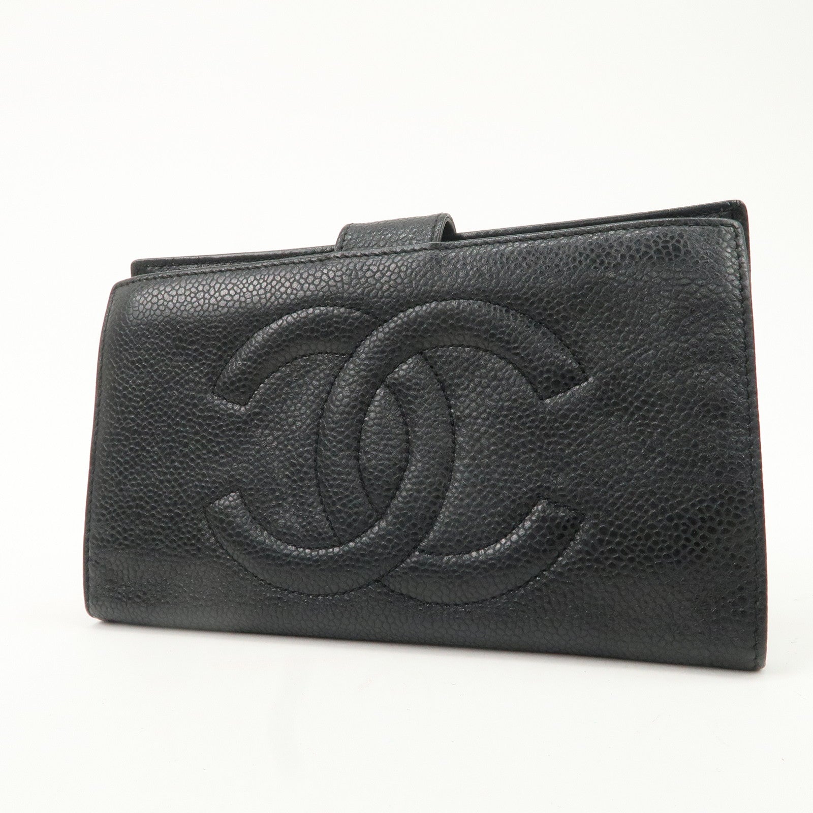 CHANEL Caviar Skin COCO Mark Bi-fold Wallet Black A01429