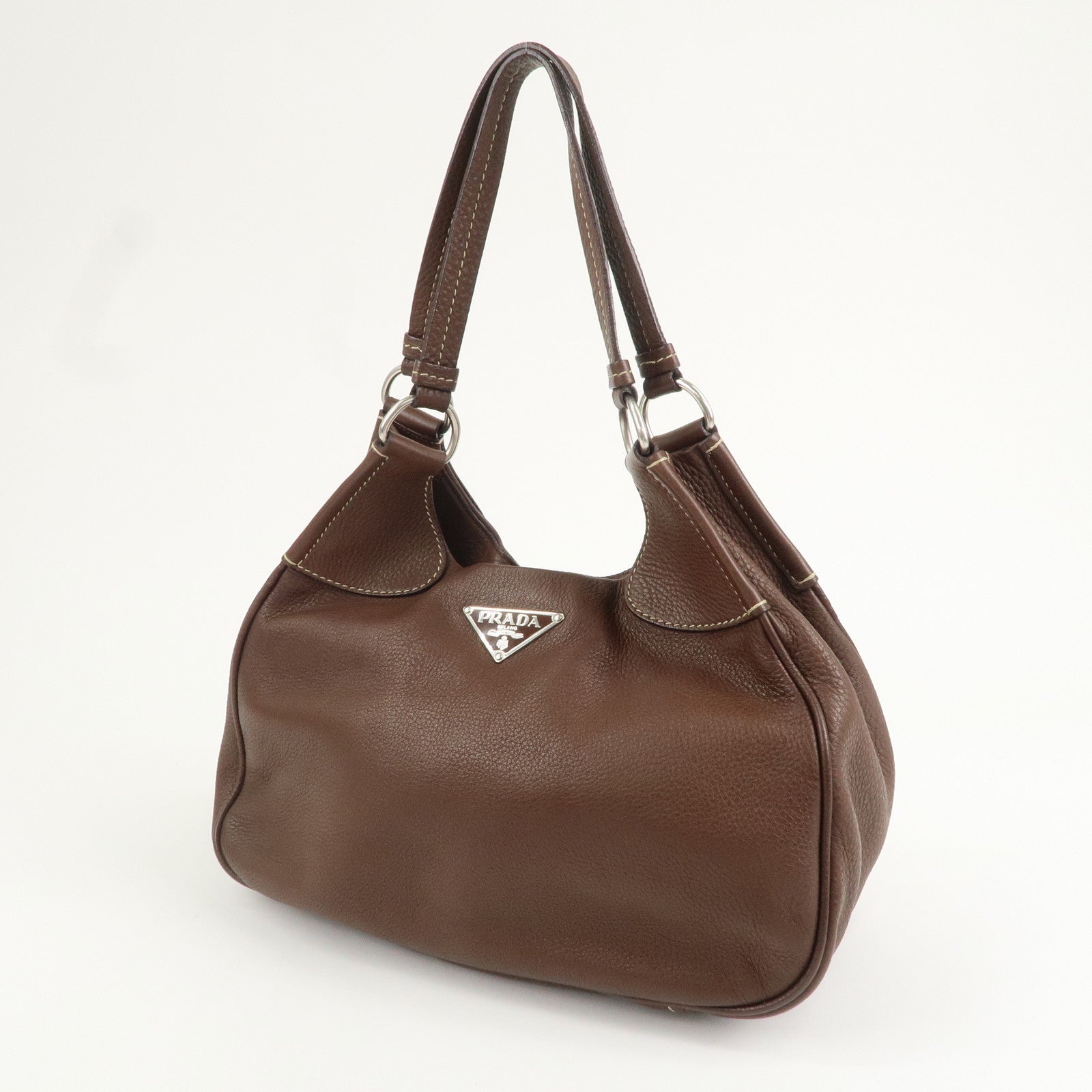 PRADA Logo Leather Shoulder Bag Hand Bag Brown