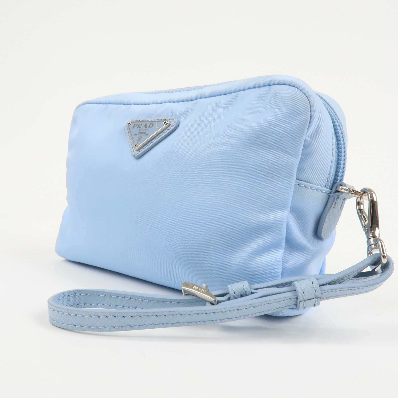 PRADA Logo Nylon Saffiano Leather Pouch Light Blue 1NE021