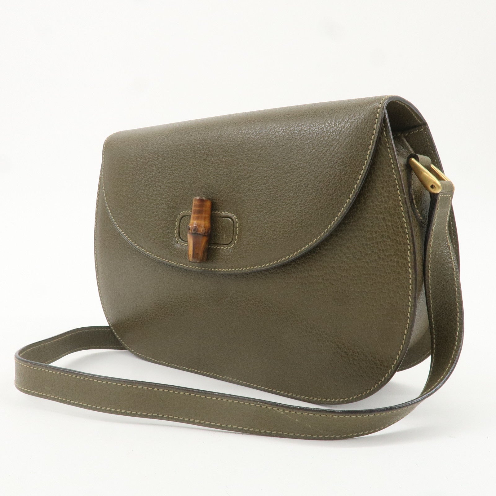 GUCCI Bamboo Leather Shoulder Bag Khaki Gredn 001.113.1529