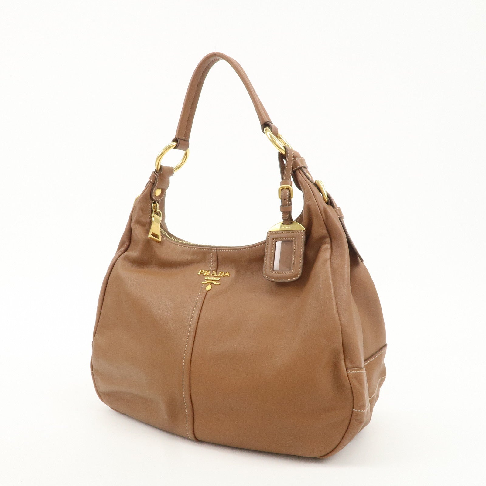 PRADA Leather Shoulder Bag Hand Bag Brown