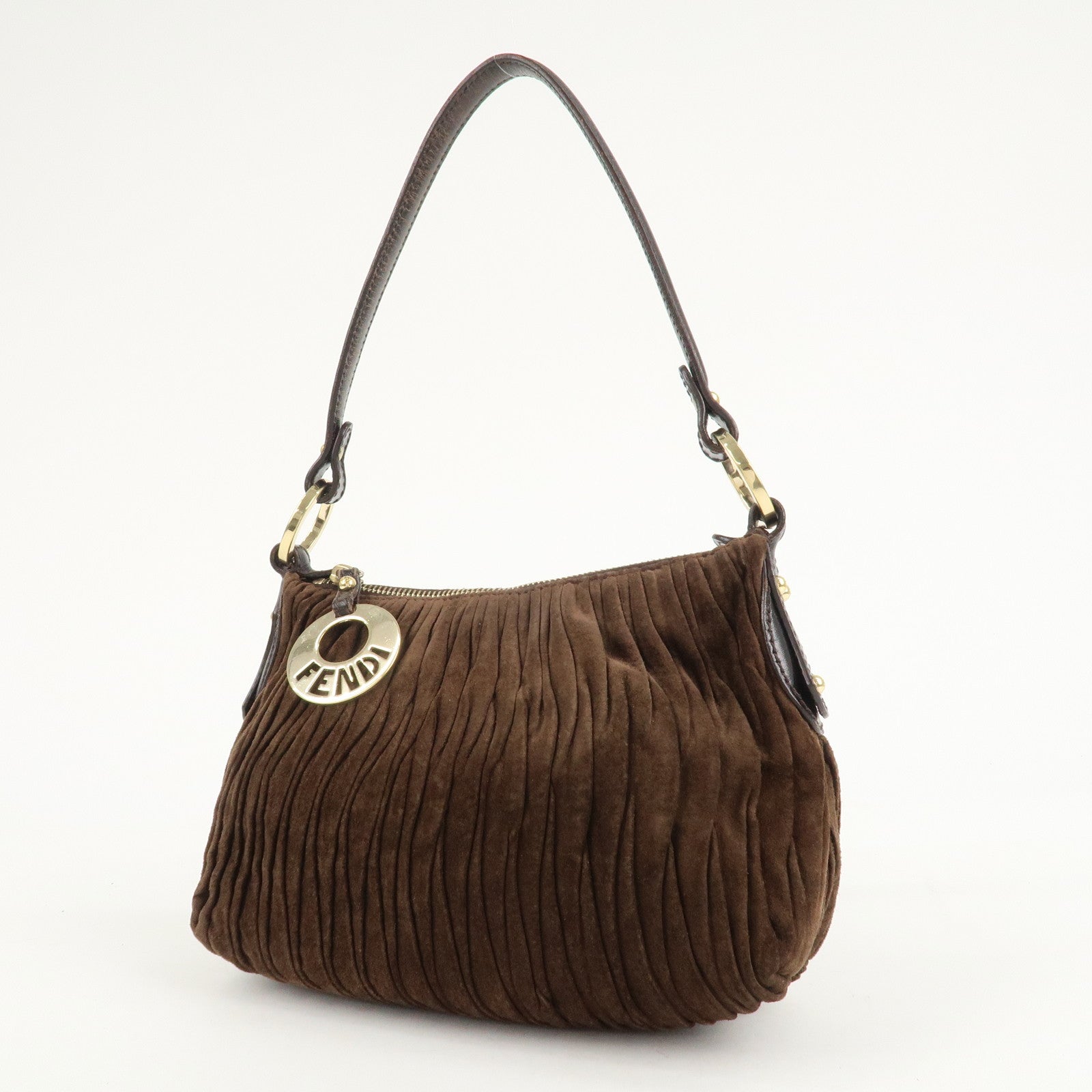 FENDI Suede Leather Gathered Shoulder Bag Dark Brown 8BR454 Used