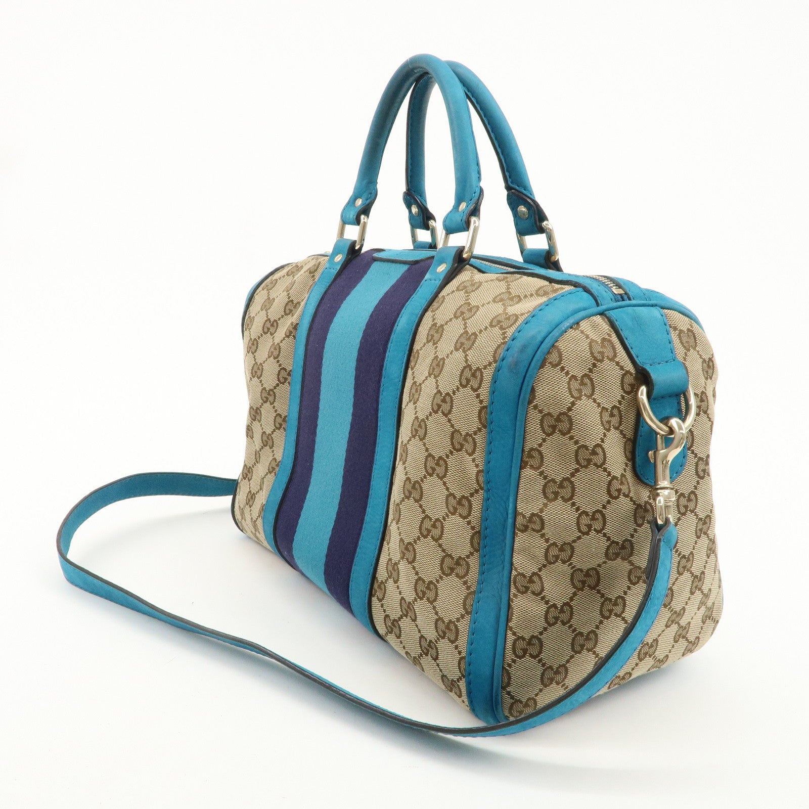 GUCCI Sherry GG Canvas Leather Boston Bag Beige Blue 247205