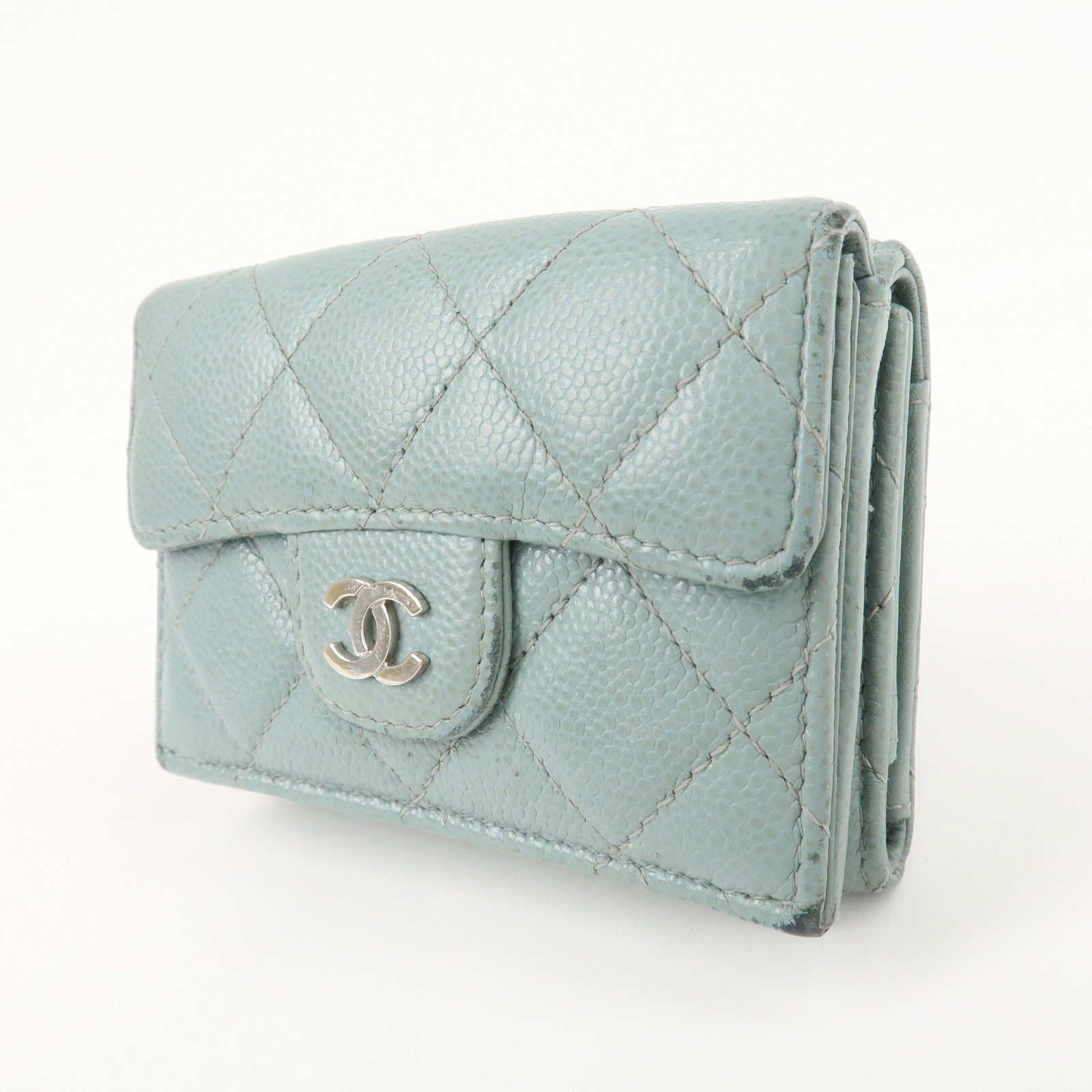 CHANEL Matelasse Caviar Skin Tri-fold Wallet Blue 60809 Used