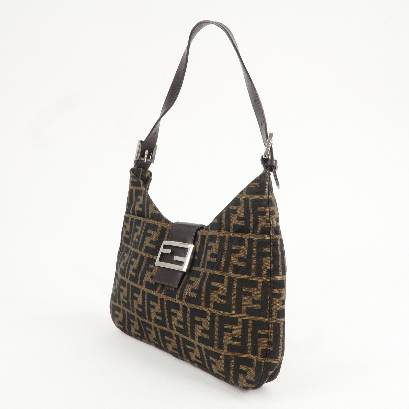 FENDI Zucca Canvas Leather Shoulder Bag Brown Black 26596