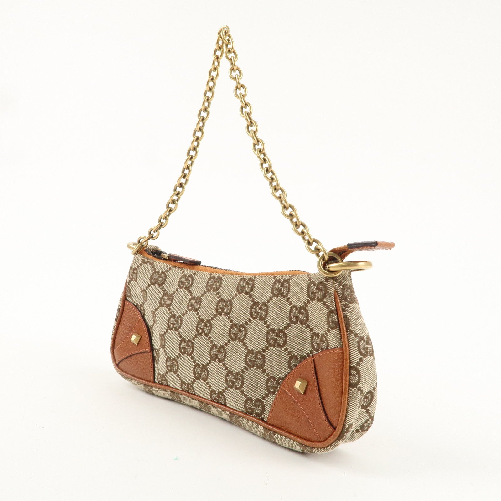 GUCCI GG Canvas Leather Chain Hand Bag Pouch Beige Brown 120940