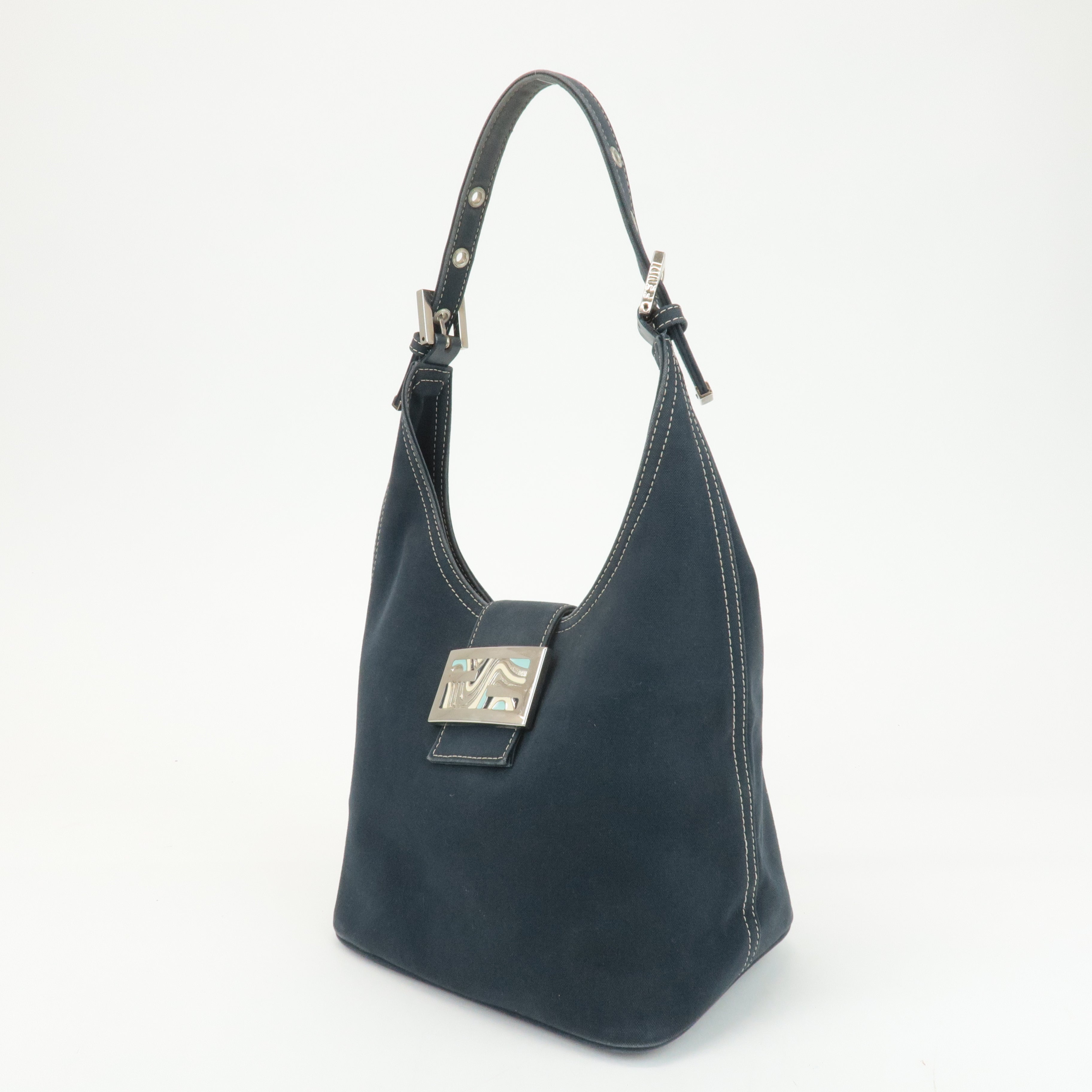 FENDI Canvas Leather One Shoulder Bag Hand Bag Navy Silver