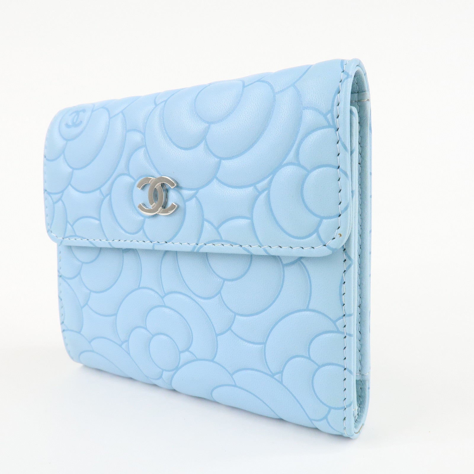 CHANEL Camelia Lamb Skin Bi-fold Wallet Blue