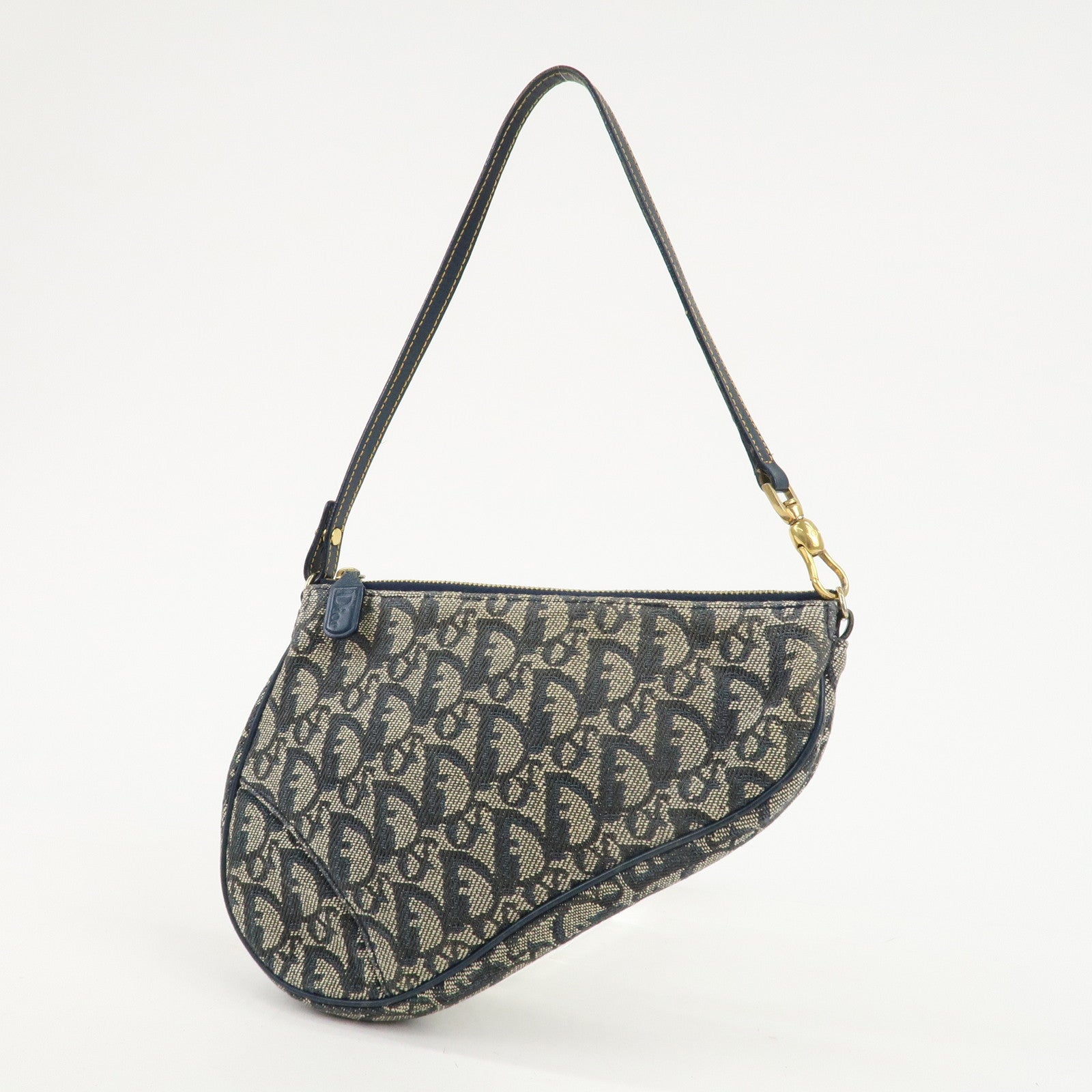 Christian Dior Trotter Jacquard Leather Saddle Hand Bag Navy