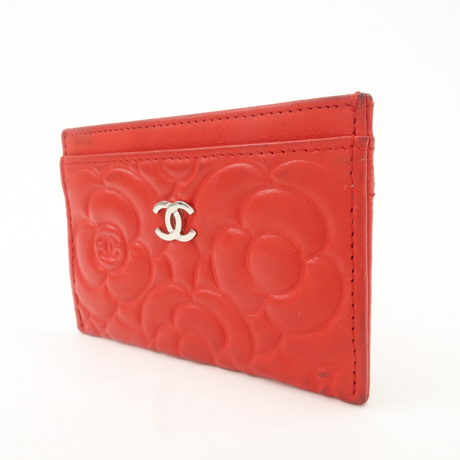 CHANEL Camellia Lambskin Embossed Card Case Red A3173855