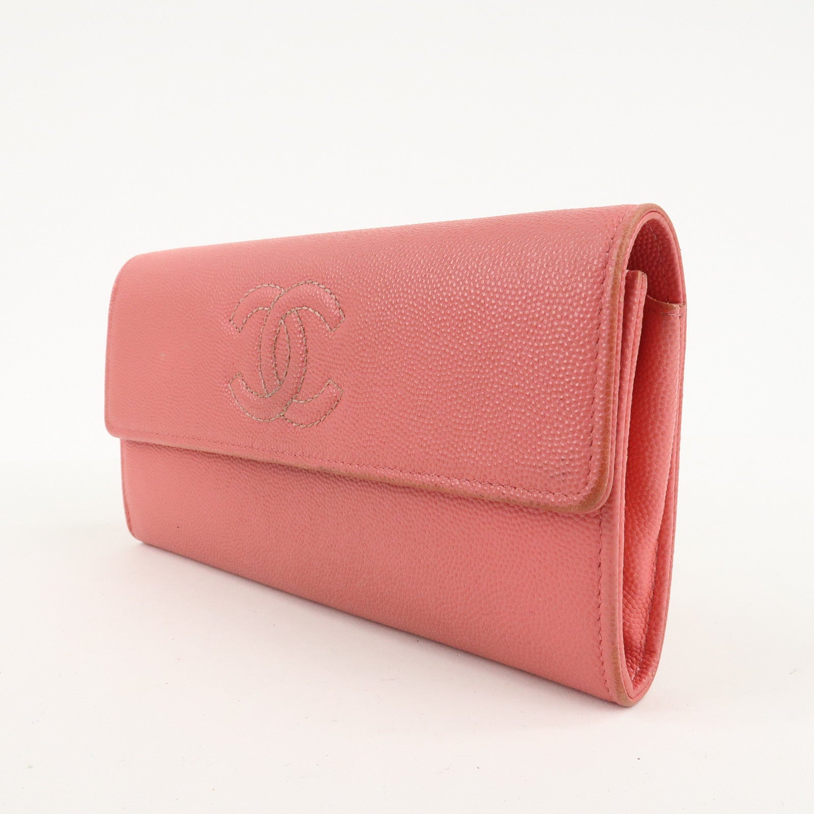 CHANEL Caviar Skin Coco Mark Bi-fold Long Wallet Pink