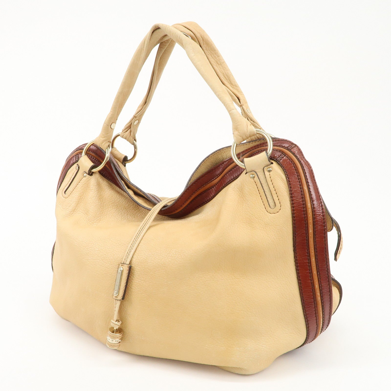 CELINE Bitter Sweet Leather Shoulder Bag Beige Brown Gold Hardware Used