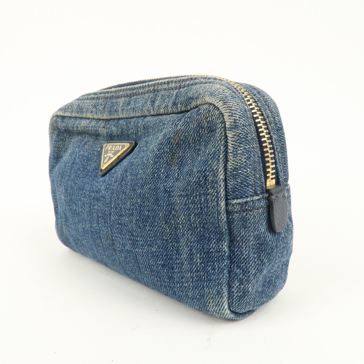 PRADA Triangle Logo Denim Pouch Cosmetic Pouch Blue Gold Hardware