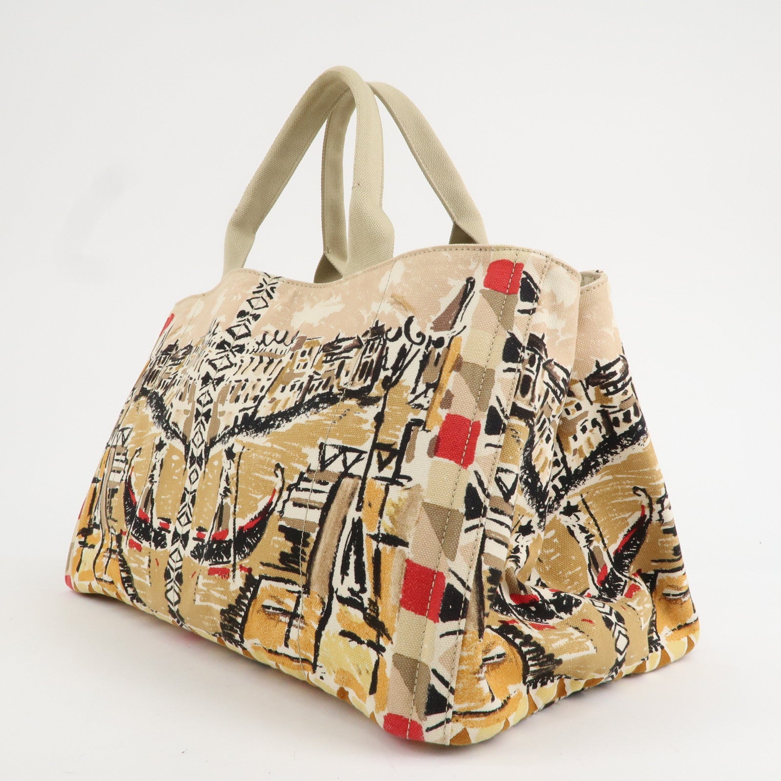 PRADA Canapa Tote Bag Hand Bag Beige Brown Sketch Pattern