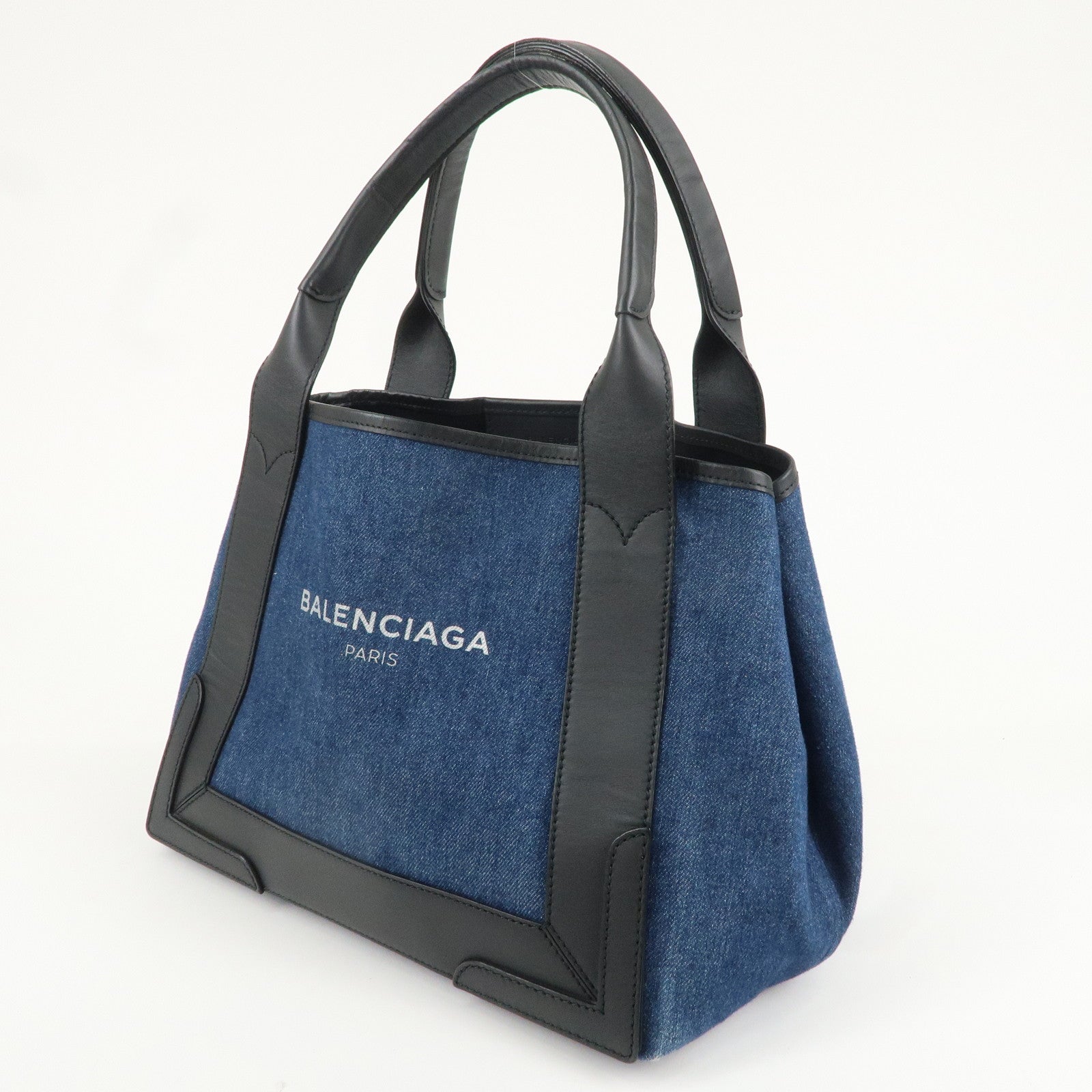 BALENCIAGA Denim Navy Cabas S Canvas Leather Tote Bag Blue 339933