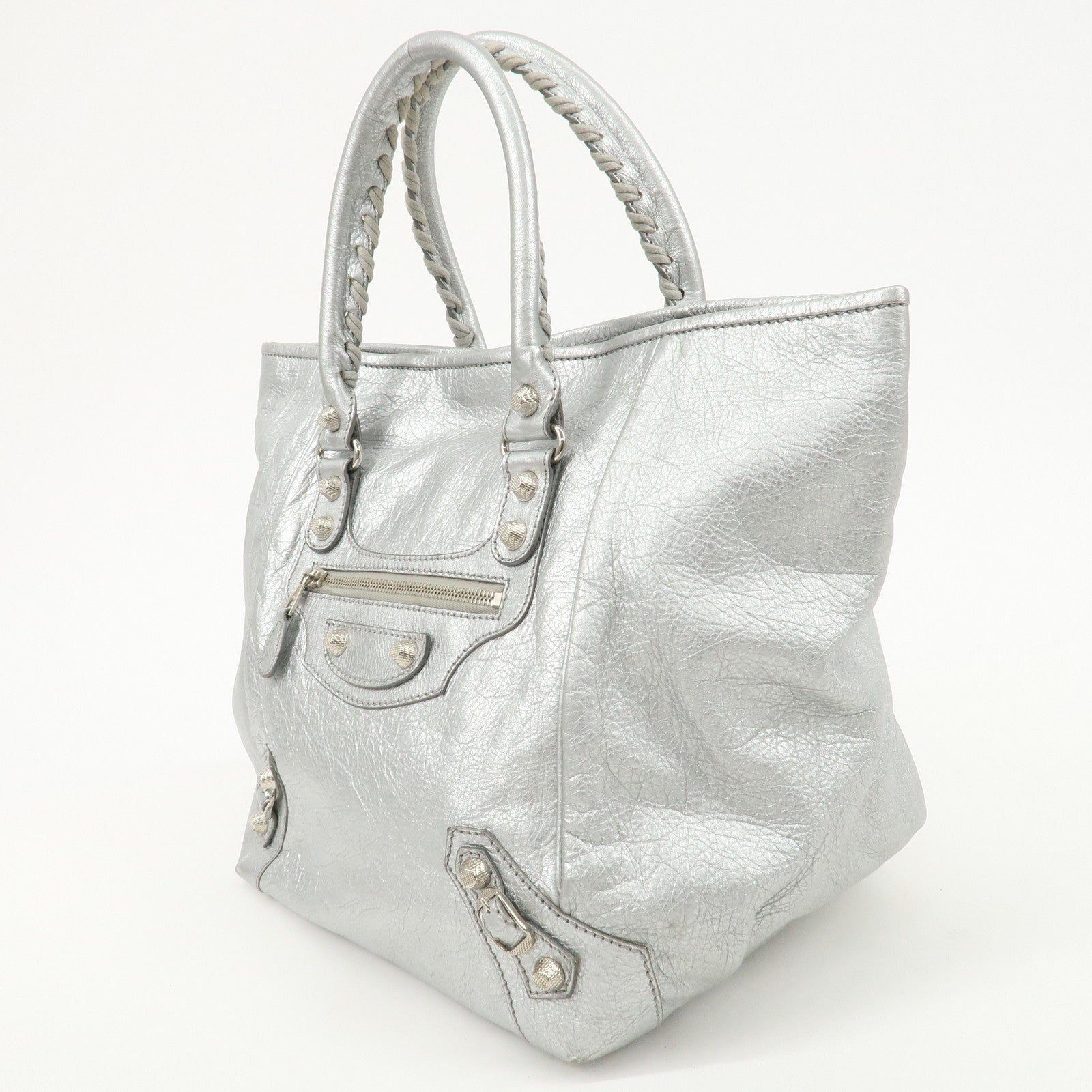 BALENCIAGA Giant Sunday Leather Hand Bag Silver 309537