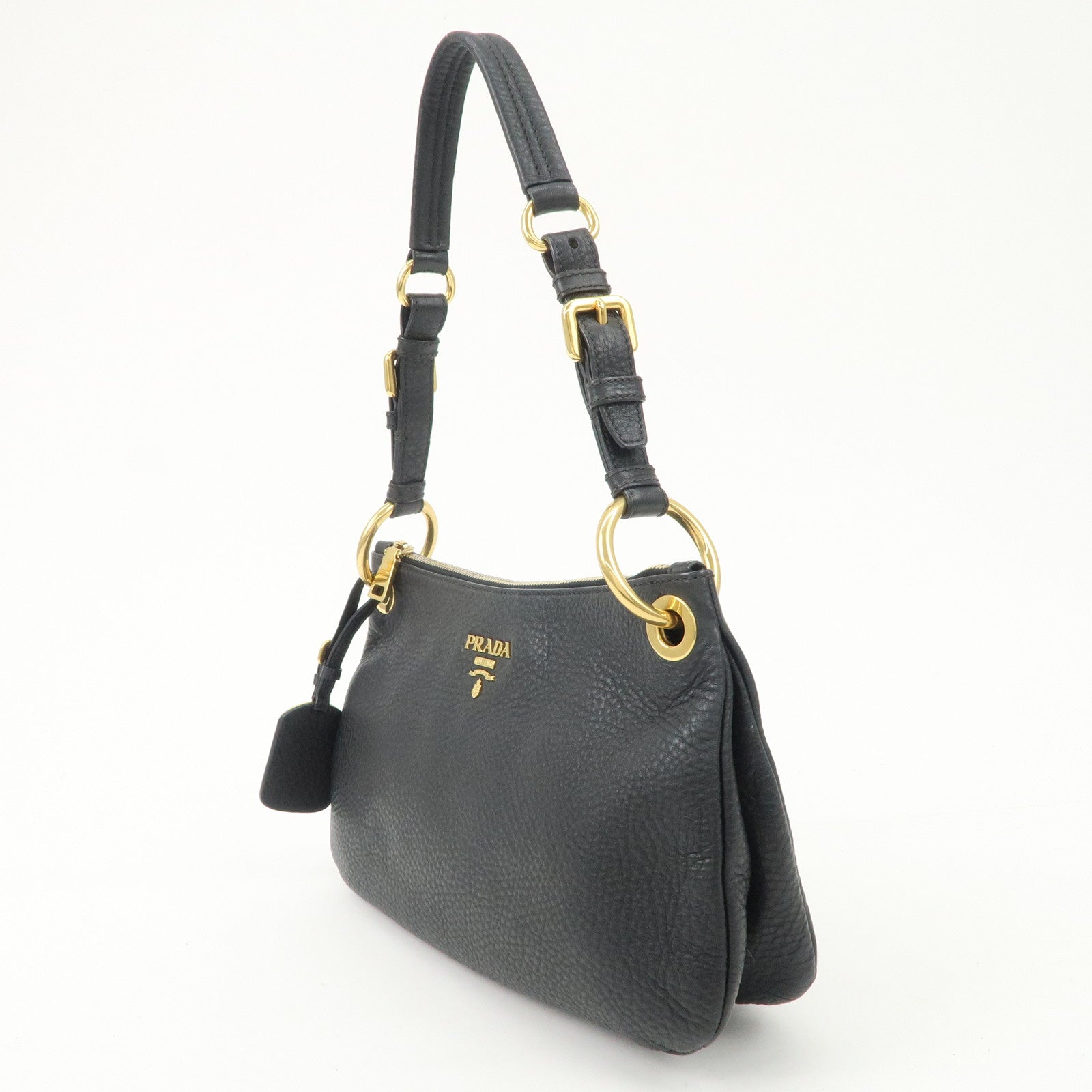 PRADA Logo Leather One-Shoulder Bag Hand Bag Black Gold Hardware Used