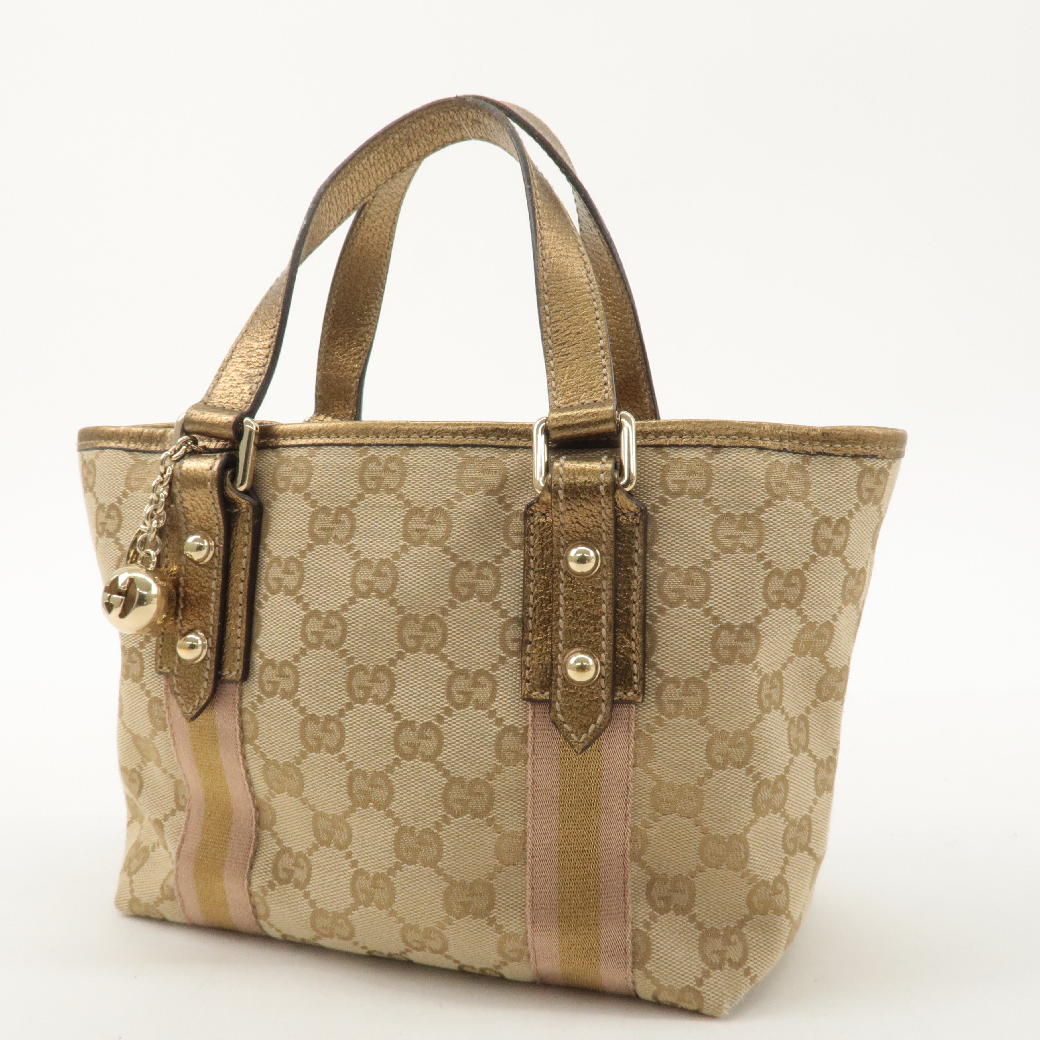 GUCCI Sherry GG Canvas Leather Mini Hand Bag Beige Gold 139261