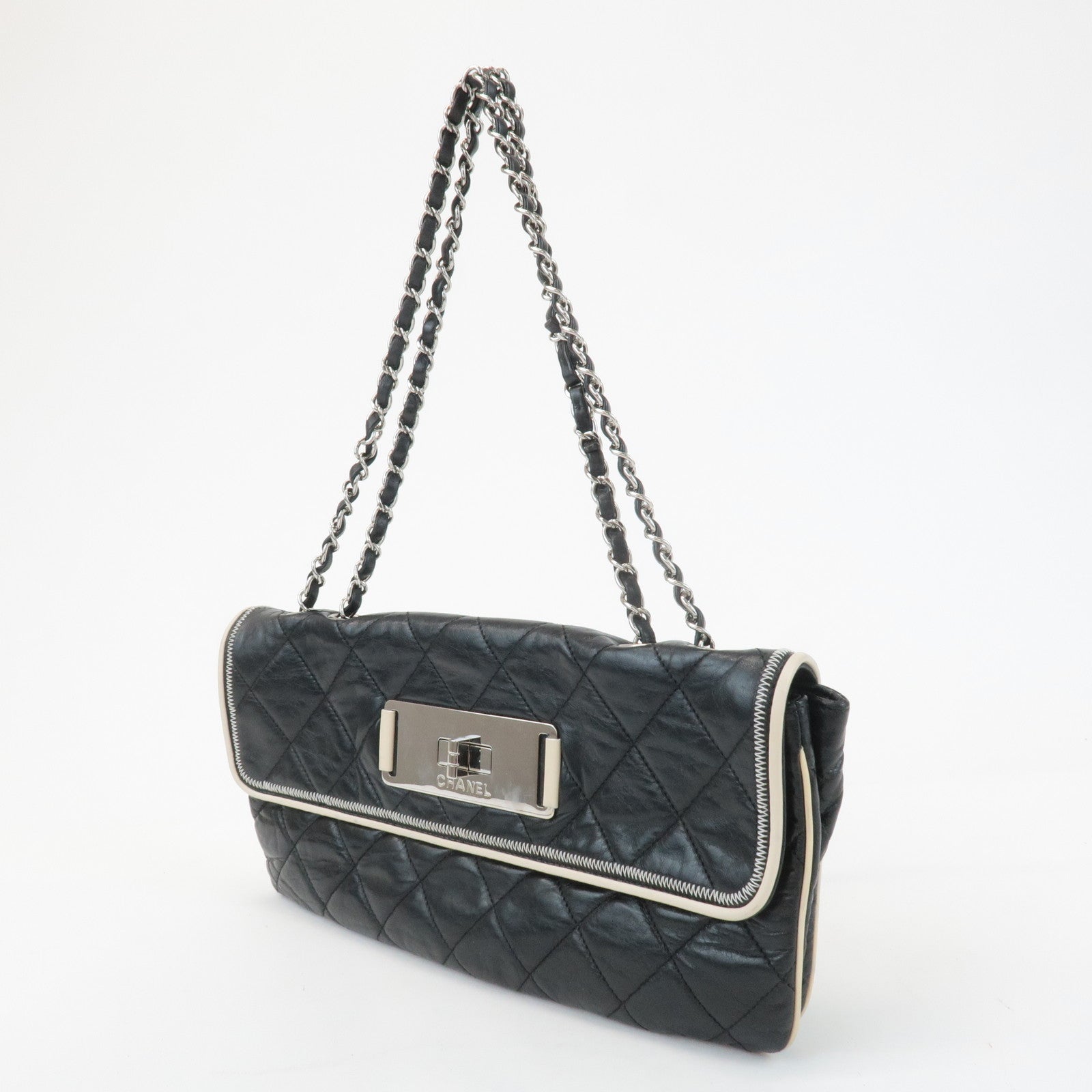 CHANEL 2.55 Bicolor Leather Chain Shoulder Bag Black Ivory Used