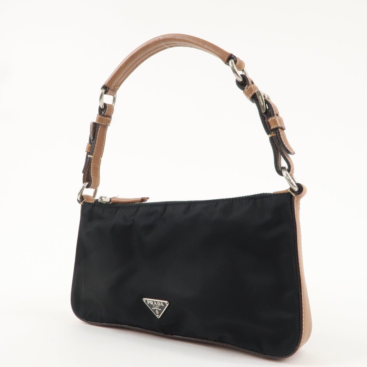 PRADA Nylon Leather Shoulder Bag Black Brown BR2206