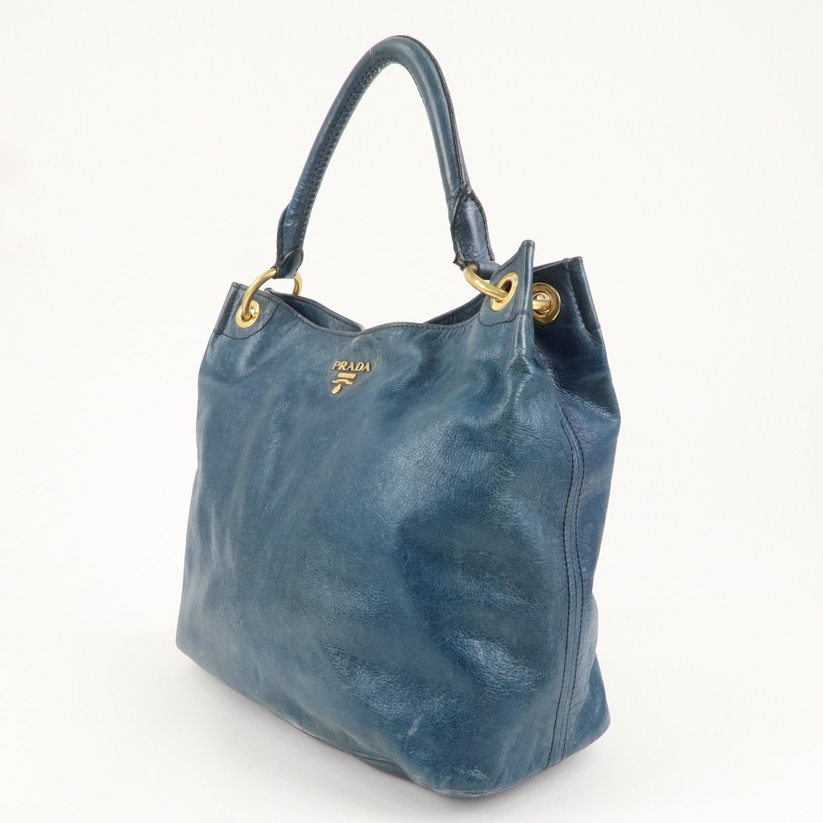 PRADA Logo Leather One Shoulder Bag Blue Gold Hardware BR4829