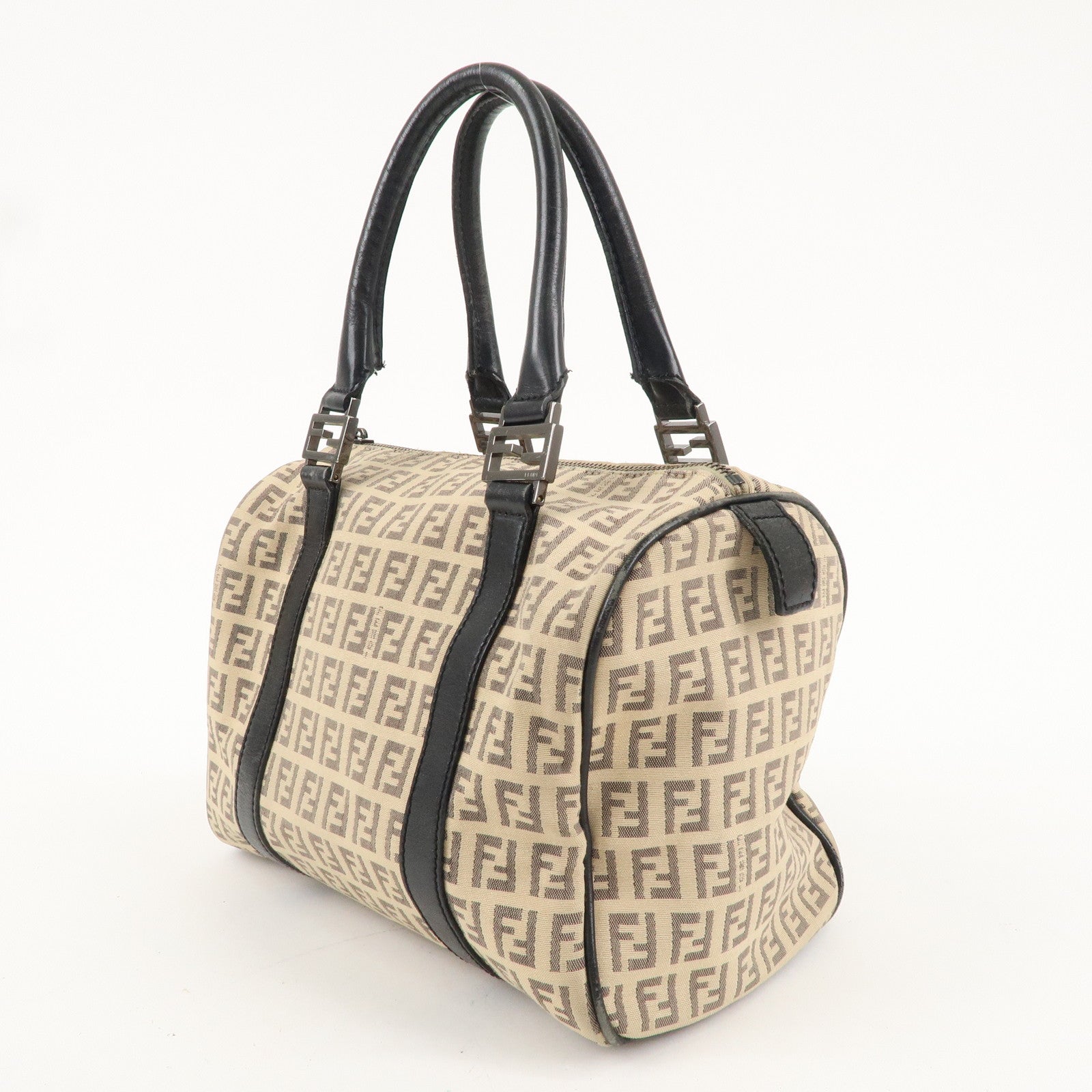 FENDI Zucchino Canvas Leather Mini Boston Bag Beige Black