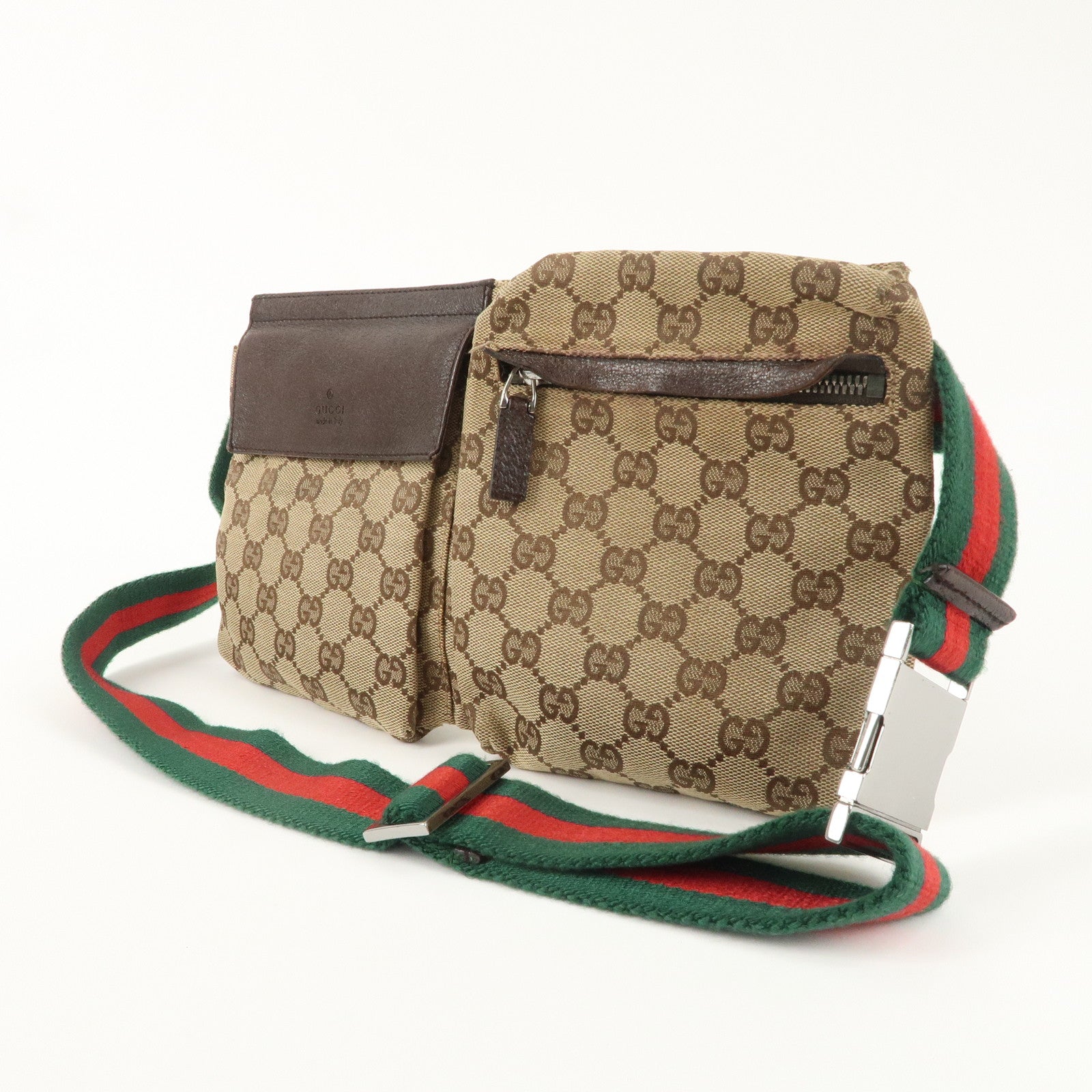 GUCCI GG Canvas Leather Waist Bag Waist Pouch Beige Brown 28566