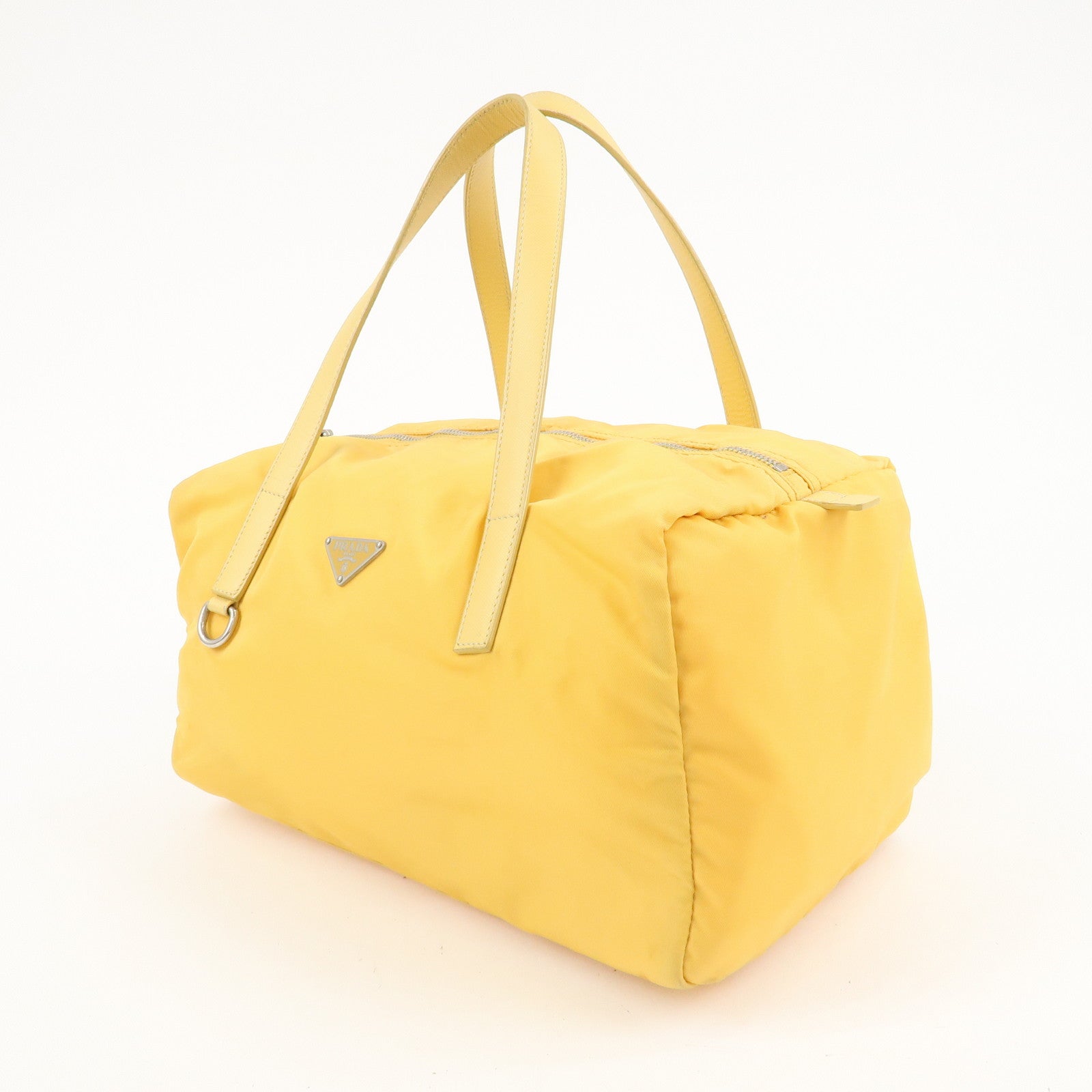 PRADA Logo Nylon Leather Boston Bag Shoulder Bag Yellow Silver Used