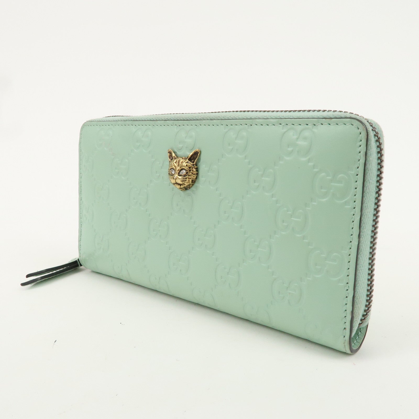 GUCCI Guccishima Leather Round Wallet Cat Motif Mint Green 548058