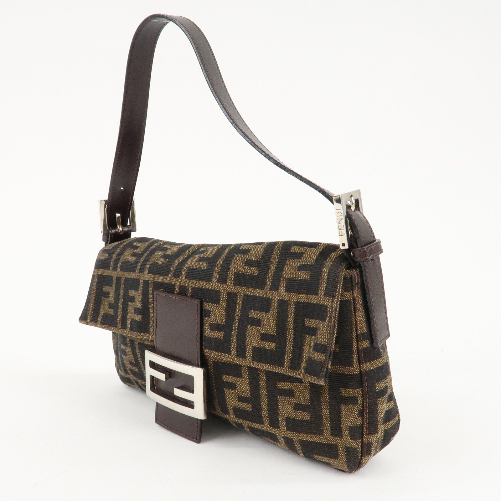 FENDI Mamma Baguette Zucca Canvas Shoulder Bag Brown Black 26424