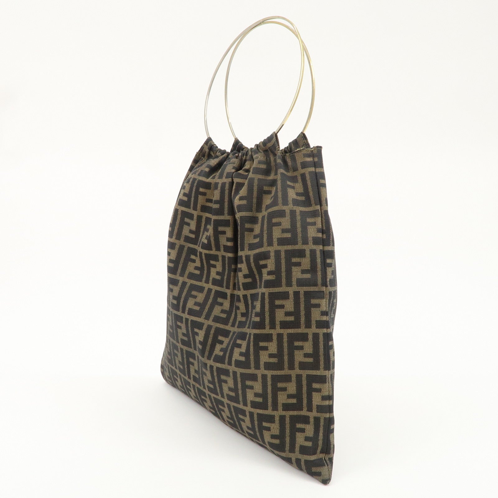 FENDI Zucca Canvas Leather Hand Bag Brown Black