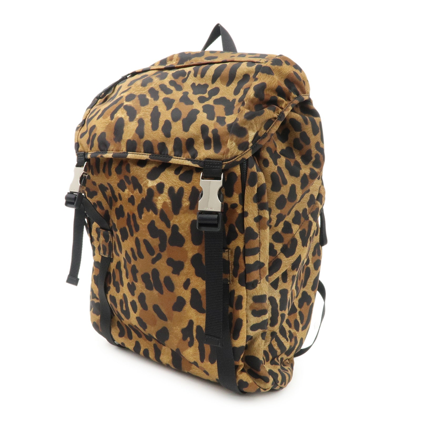 PRADA Nylon Leopard Print Back Pack Brown Black 2VZ062 Used