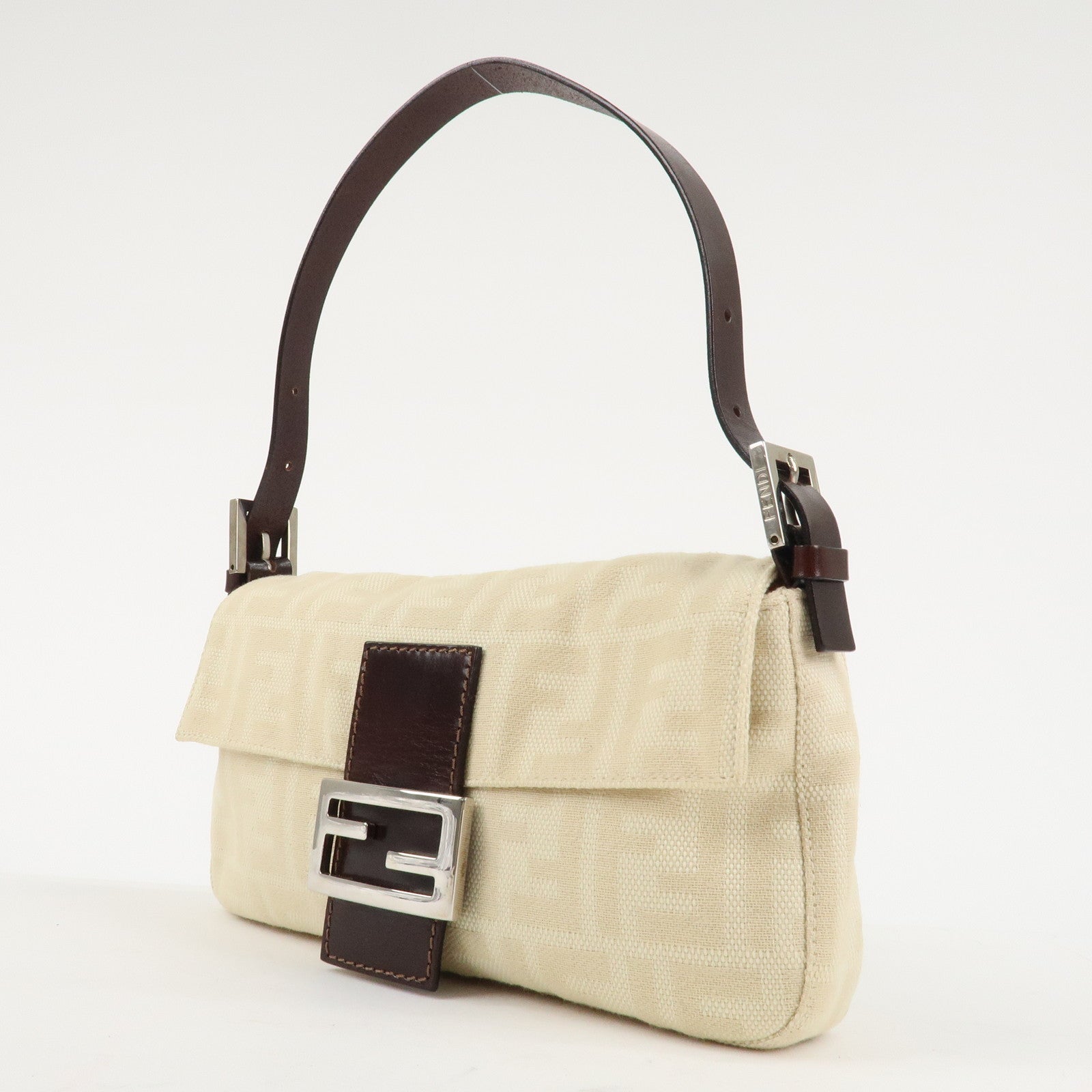 FENDI Mamma Baguette Zucca Canvas Leather Shoulder Bag Beige 26424 Used
