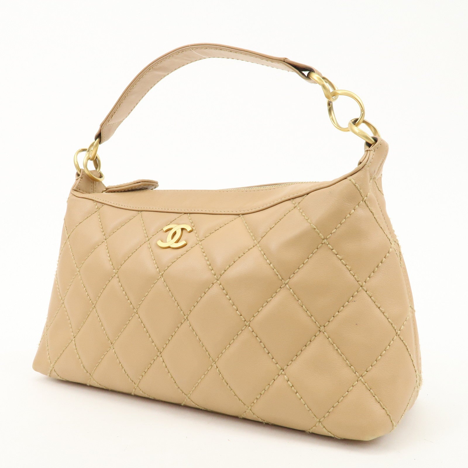 CHANEL Wild Stich Lambskin Shoulder Bag Hand Bag Beige A20663