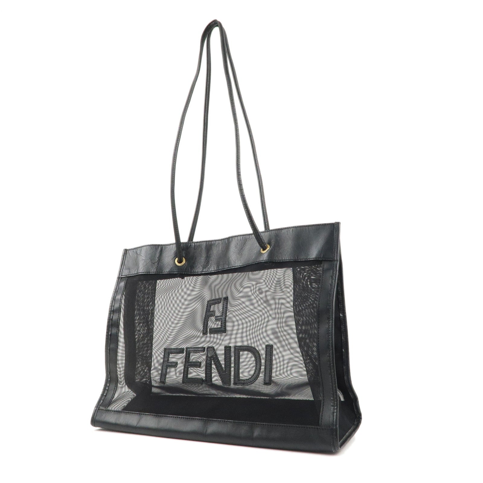 FENDI Mesh Leather Tote Bag Hand Bag Black 259646