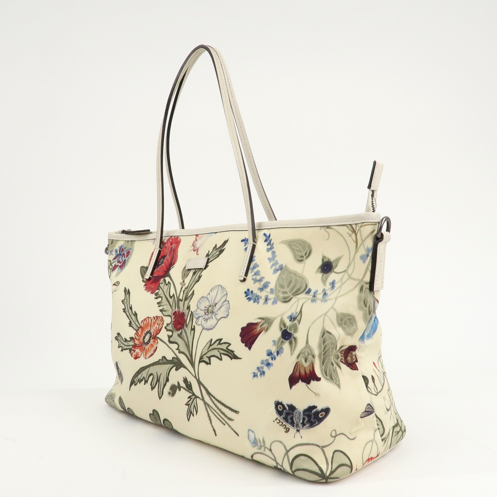 GUCCI Flora Canvas Leather Tote Bag Hand Bag Ivory 353437