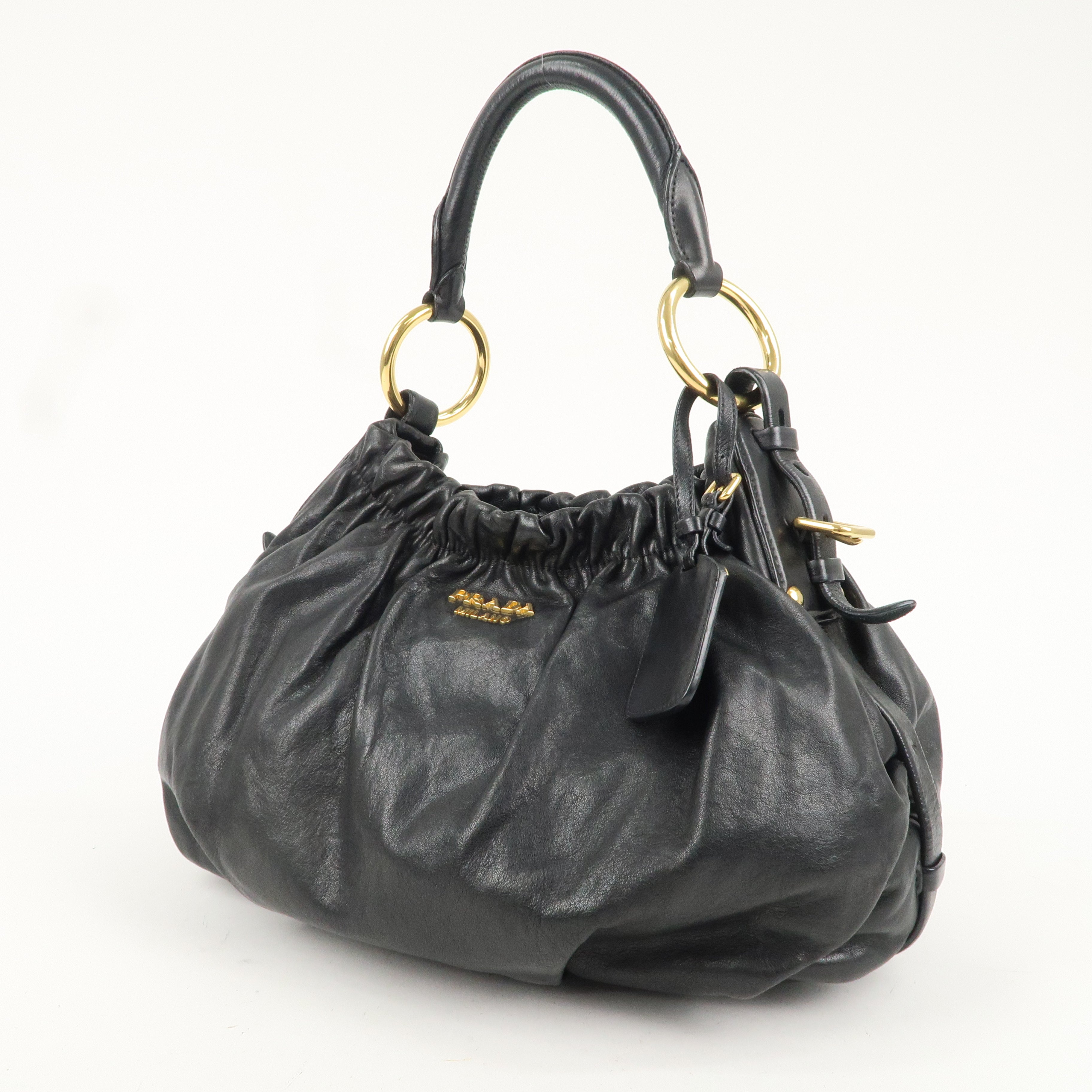 PRADA Logo Leather Shoulder Hand Bag Black Gold Hardware