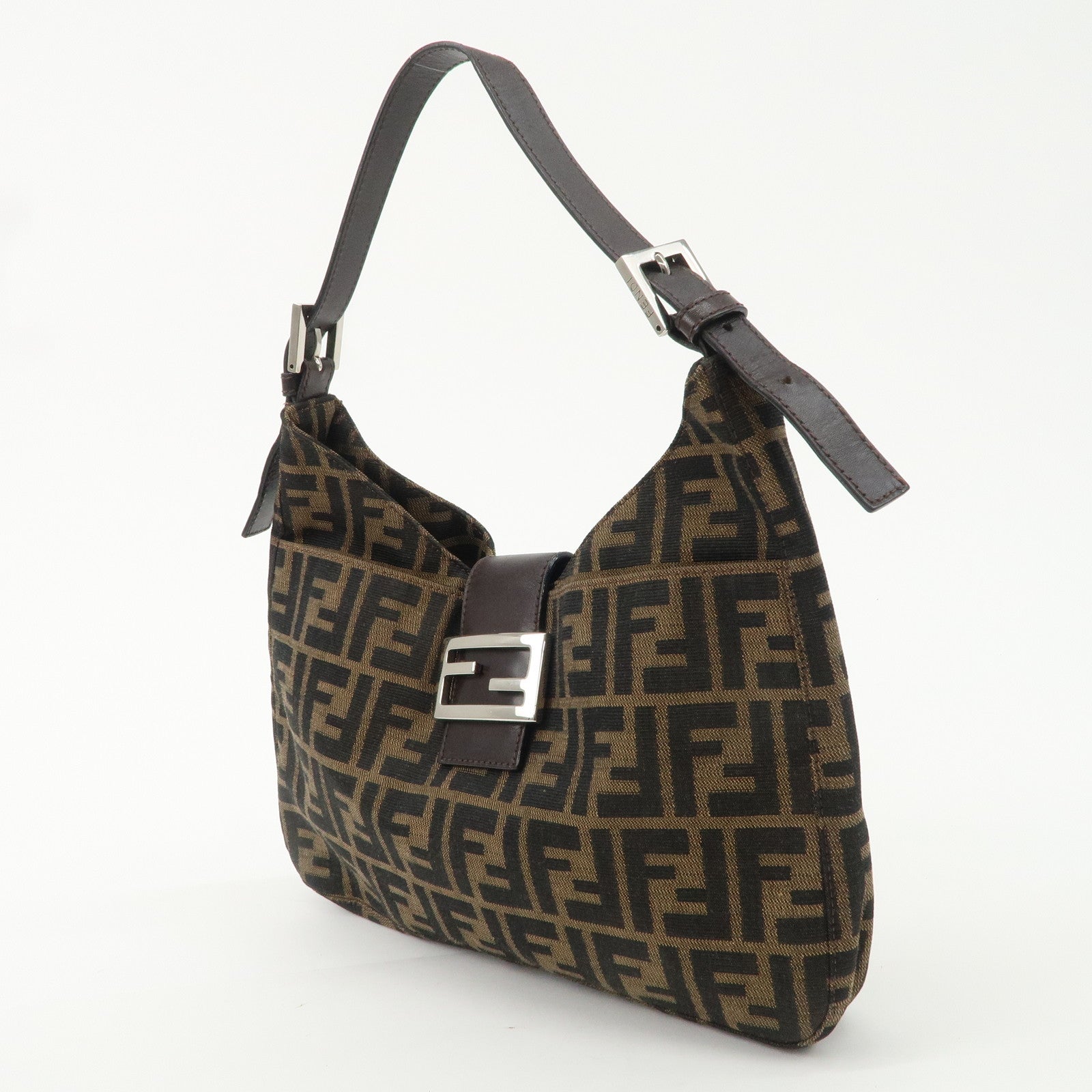 FENDI Zucca Canvas Leather Shoulder Bag Brown Black 265690