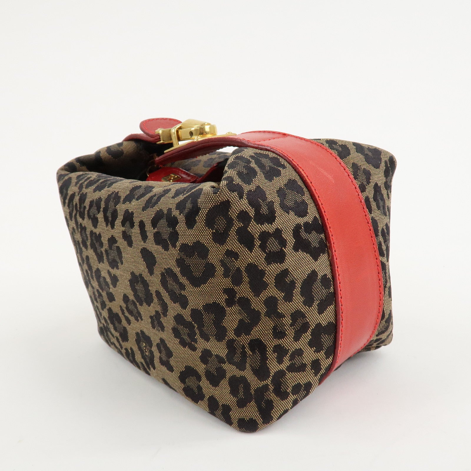 FENDI Canvas Leather Leopard Vanity Bag Pouch Brown Red 26360