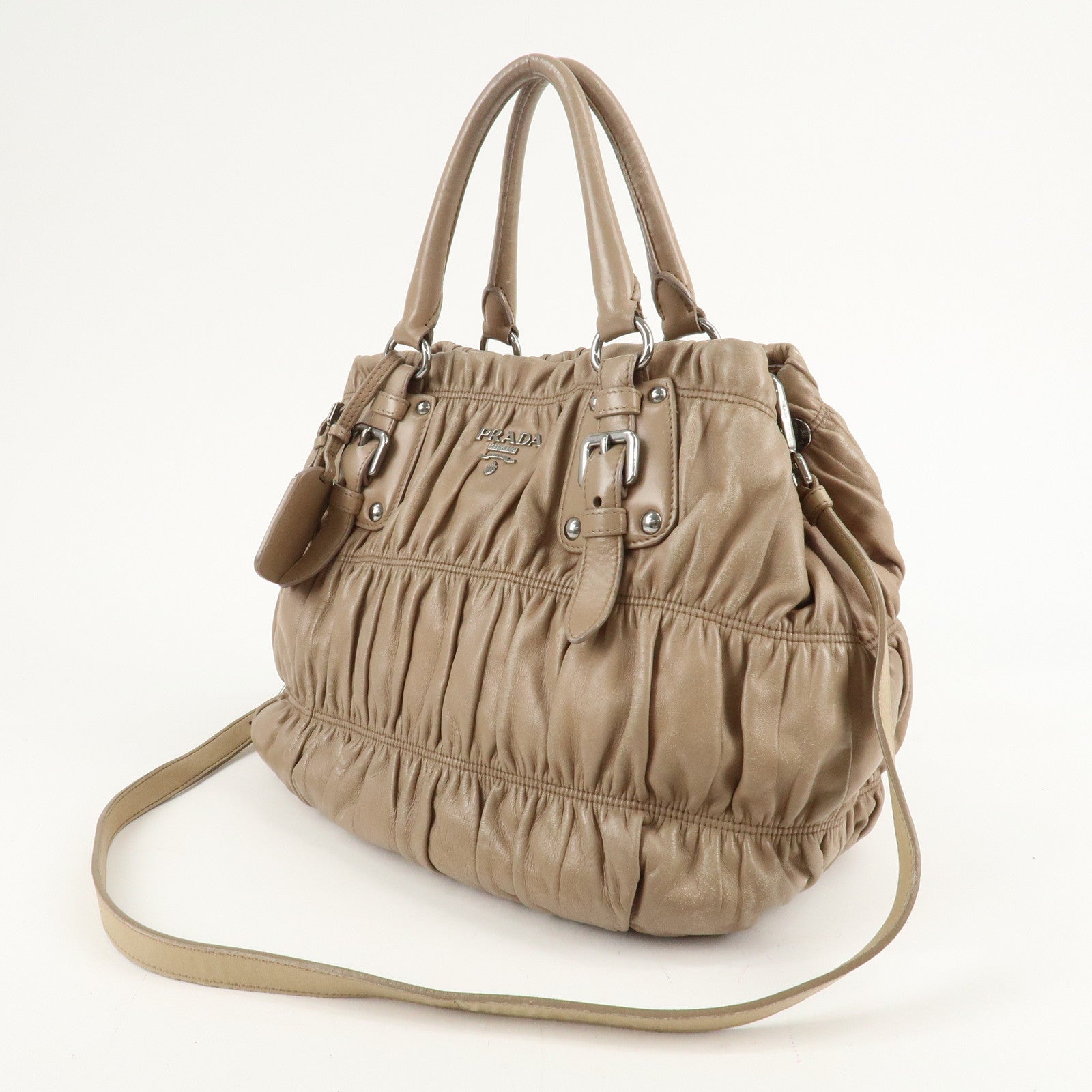 PRADA Leather 2Way Hand Bag Shoulder Bag Beige N1788