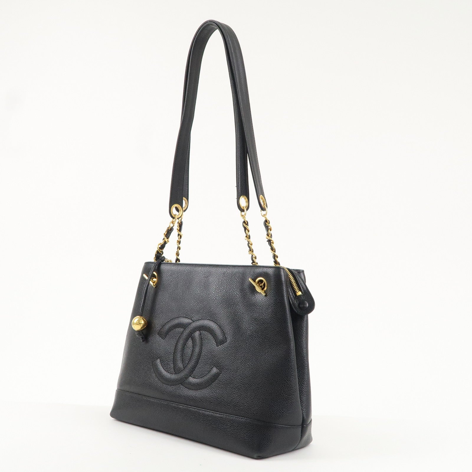 CHANEL Caviar Skin Chain Tote Bag Black Gold A03578